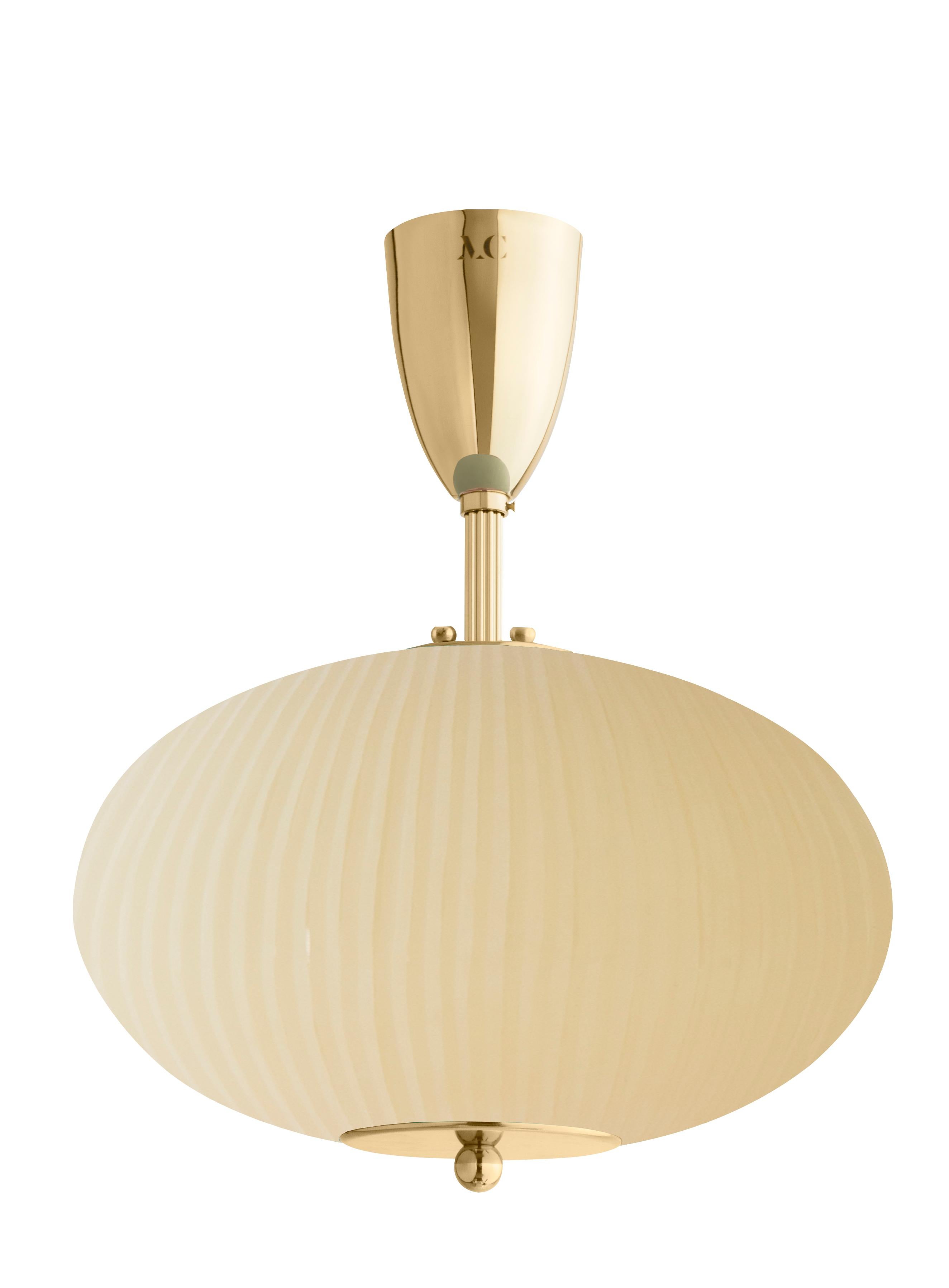 Ceiling lamp China 07 by Magic Circus Editions
Dimensions: H 40 x W 32 x D 32 cm
Materials: Brass, mouth blown glass sculpted with a diamond saw
Colour: mustard yellow

Available finishes: Brass, nickel
Available colours: enamel soft white,