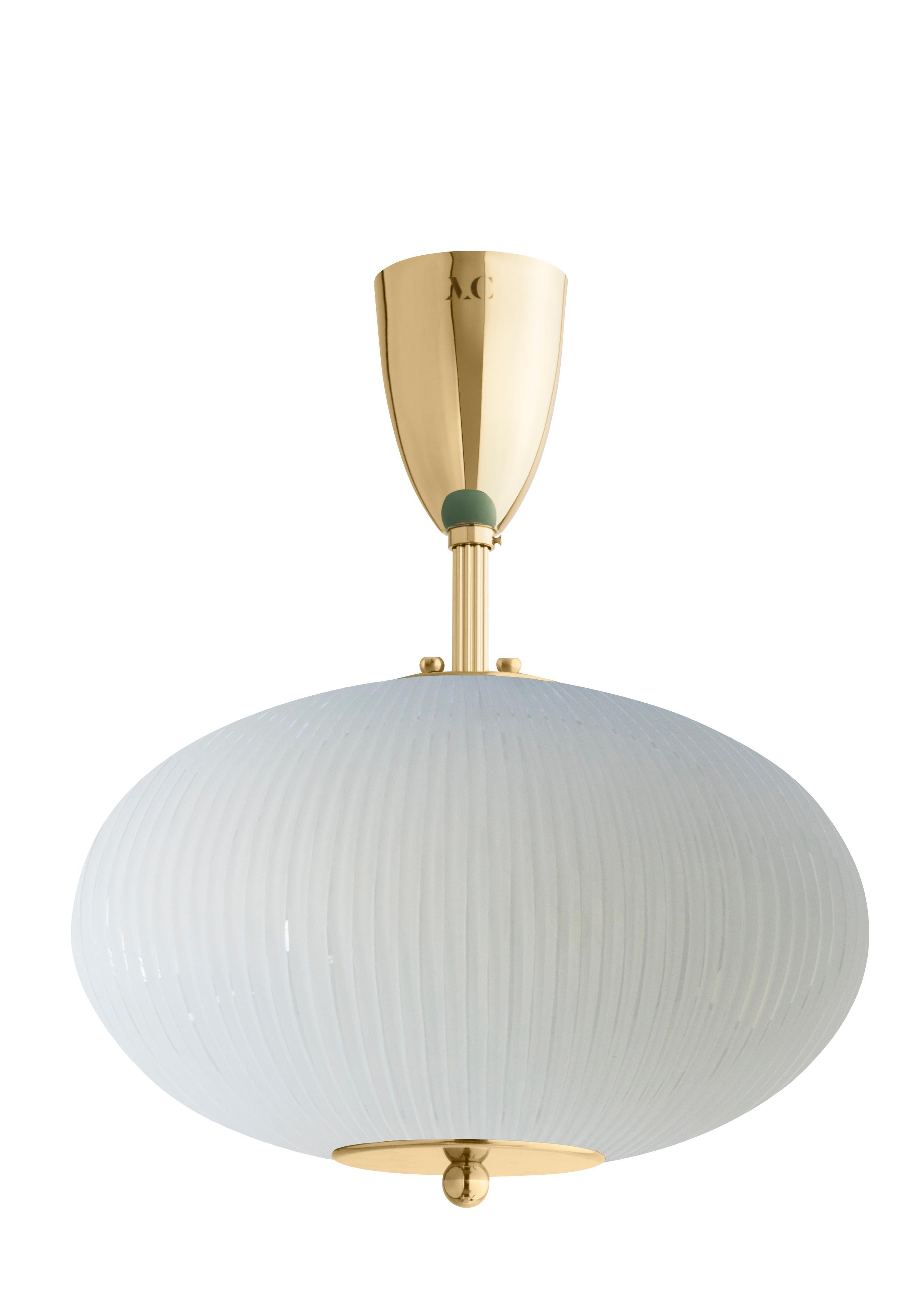 Ceiling lamp China 07 by Magic Circus Editions
Dimensions: H 40 x W 32 x D 32 cm
Materials: Brass, mouth blown glass sculpted with a diamond saw
Colour: rich grey

Available finishes: Brass, nickel
Available colours: enamel soft white, soft