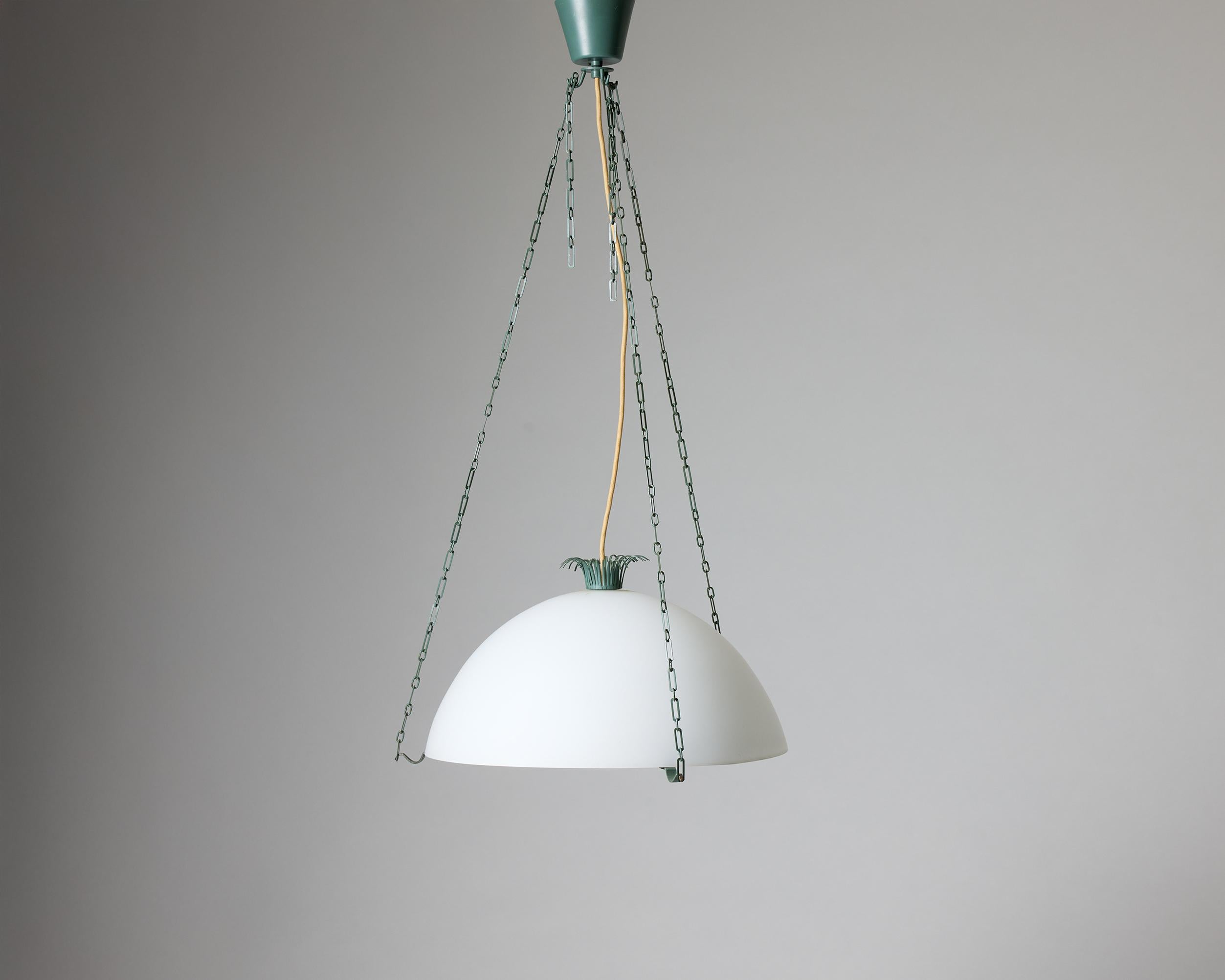 Ceiling lamp model 6022 designed by Gunnar Asplund for Arvid Böhlmarks Lampfabrik, Sweden, 1950/60s

Green lacquered metal suspension with shade in matt opal glass.

The model was originally created for Gunnar Asplund's music room at the Workshop's