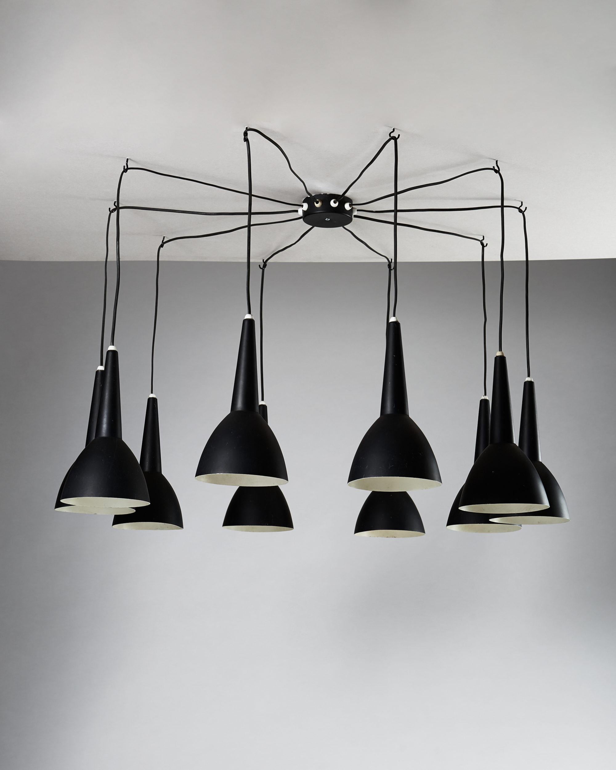 Ceiling lamp designed by Hans-Agne Jakobsson, 
Sweden. 1950s.

Lacquered steel.

Measurements:
Height of each arm: 74 cm/ 2' 5 9/32