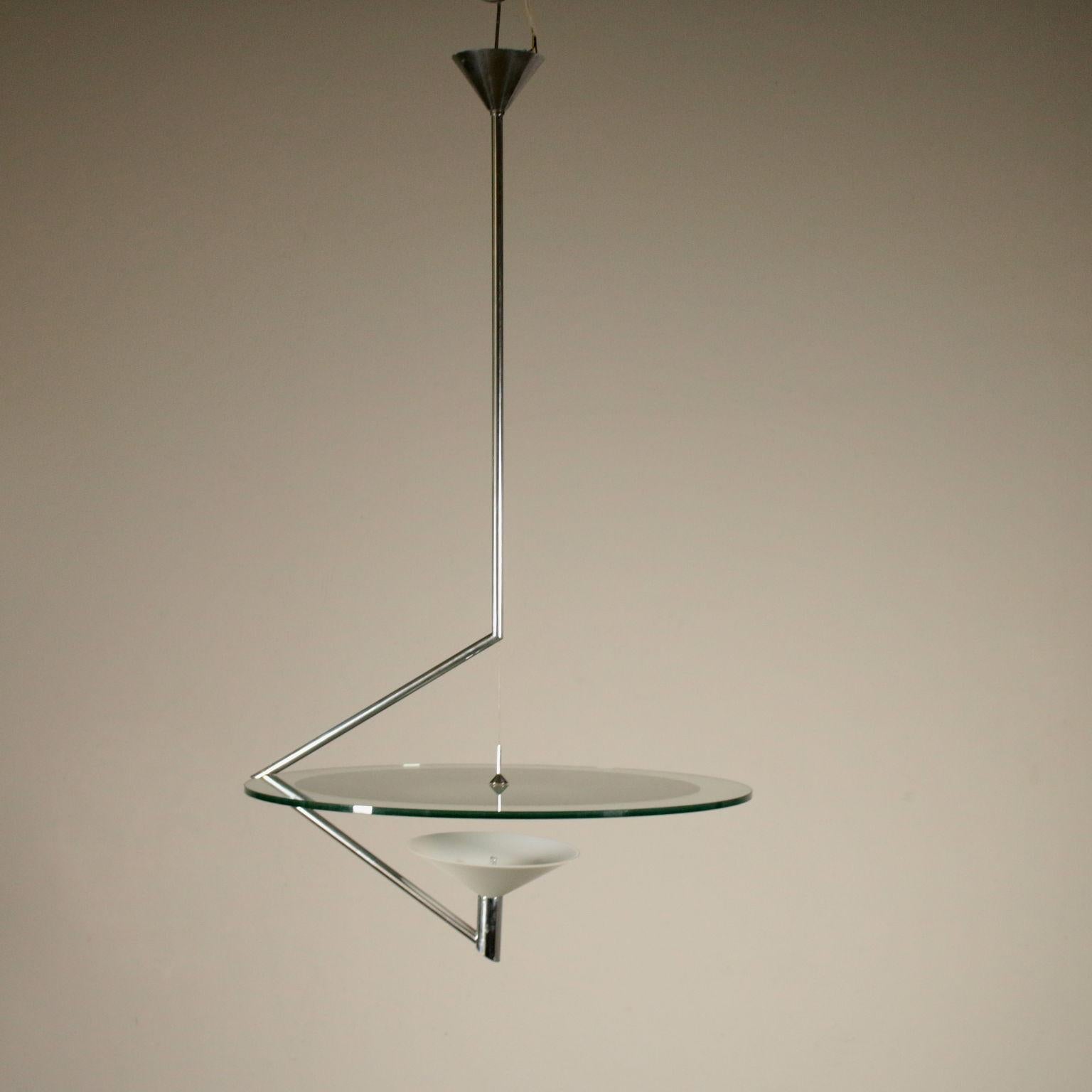 Ceiling lamp designed by Daniela Puppa (1947) for Fontana Arte. Chromed steel, glass. Manufactured in Milan, Italy, 1980s.