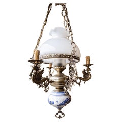 Ceramic Ceiling Lamp from the 1970s with Brass Element Stylized as Kerosene Lamp