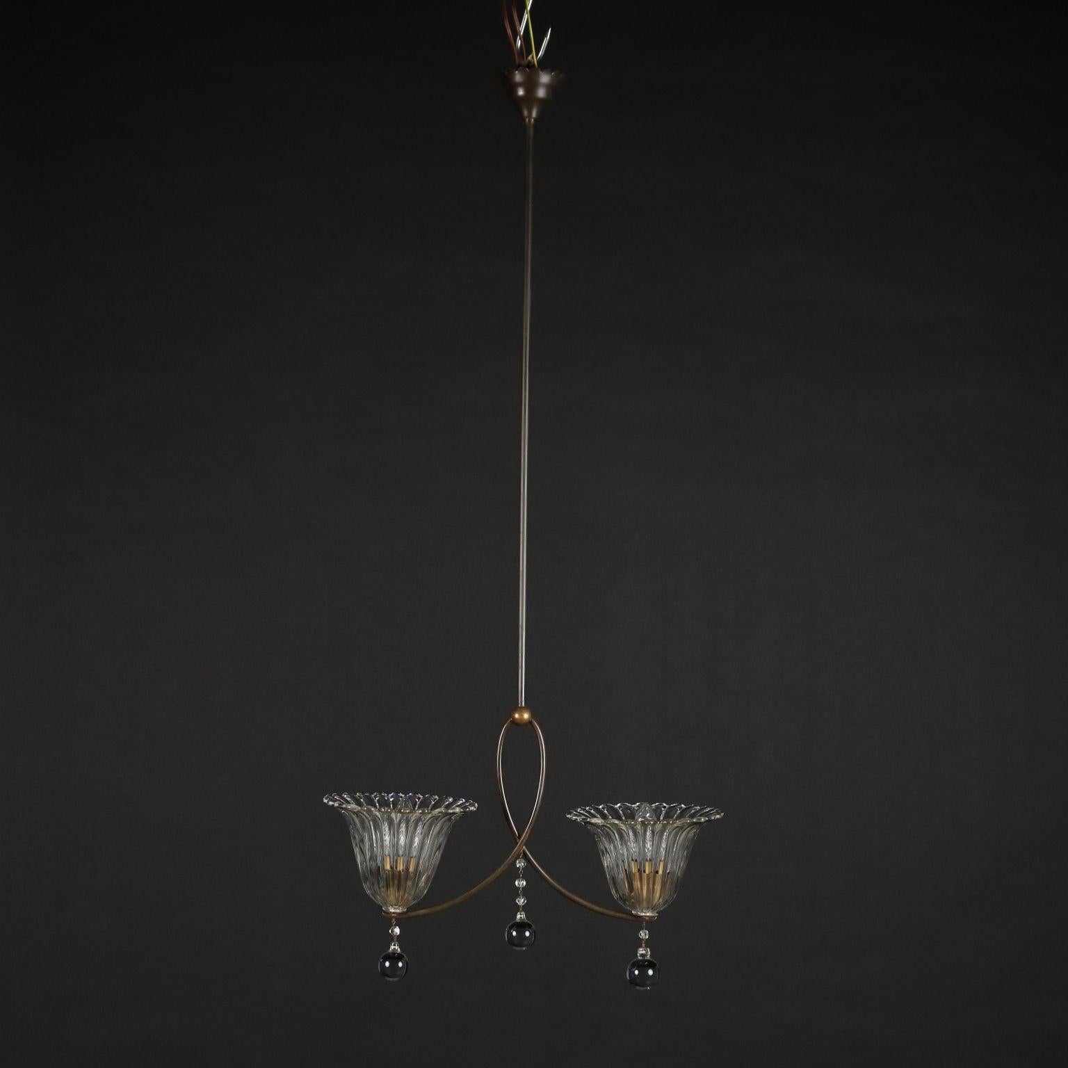 Ceiling lamp; brass and glass.