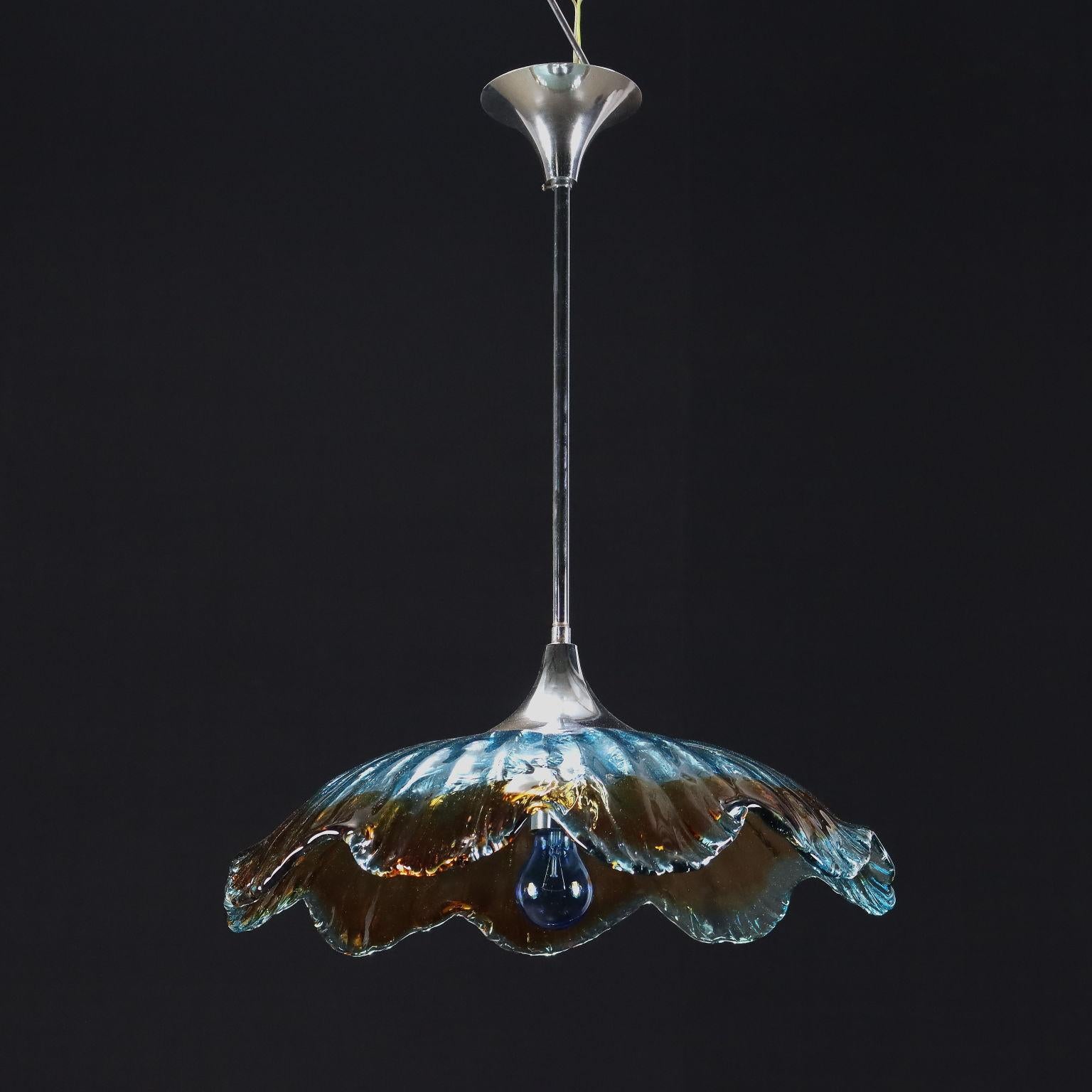 Ceiling lamp, chromed metal, colored blown glass.
