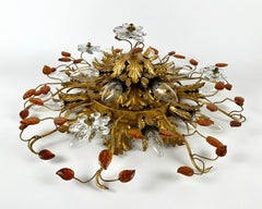 Ceiling Lamp Golden Leaf With Murano Glass Flowers by Banci Firenze, 1960s