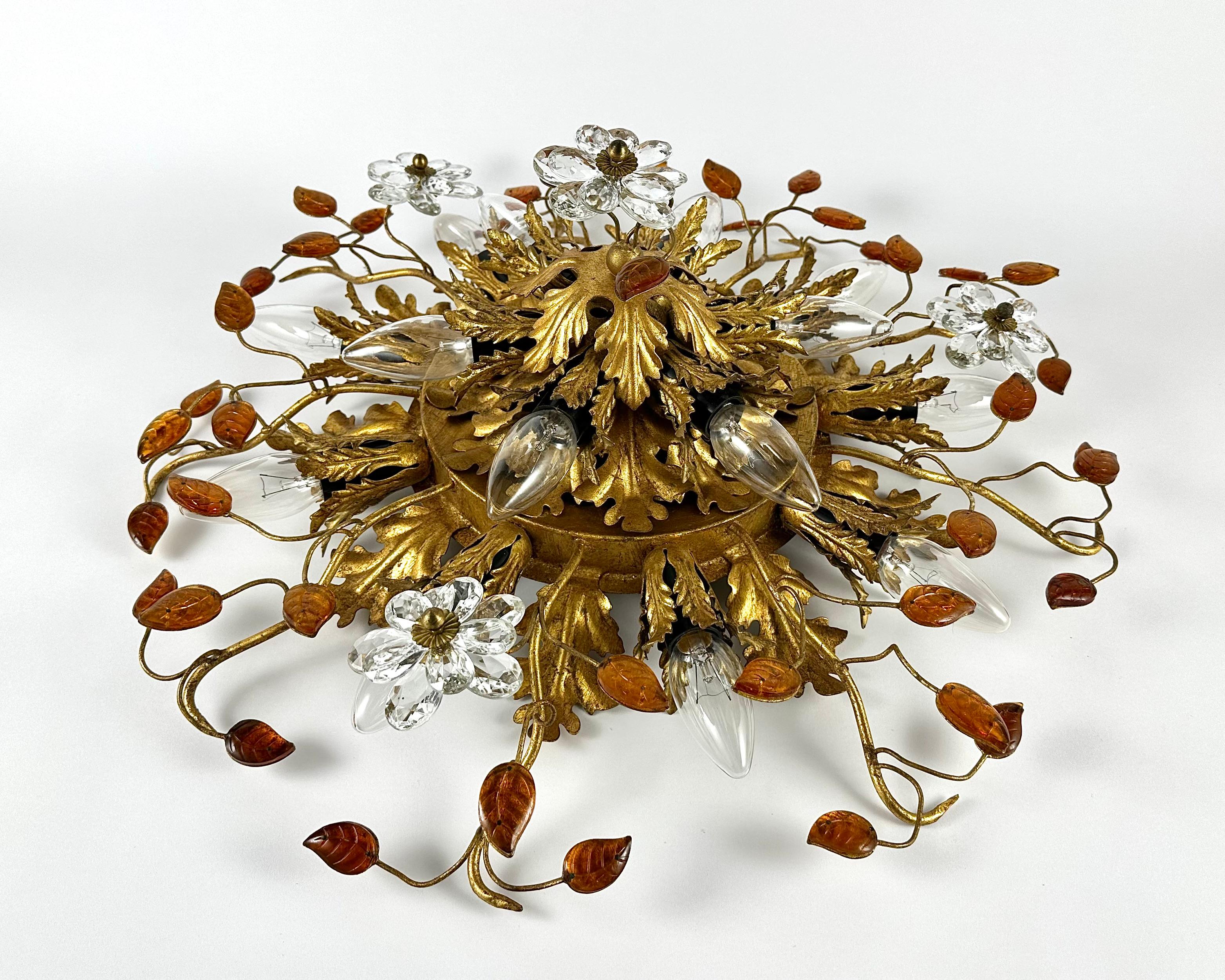 Italian Ceiling Lamp Golden Leaf With Murano Glass Flowers by Banci Firenze, 1960s