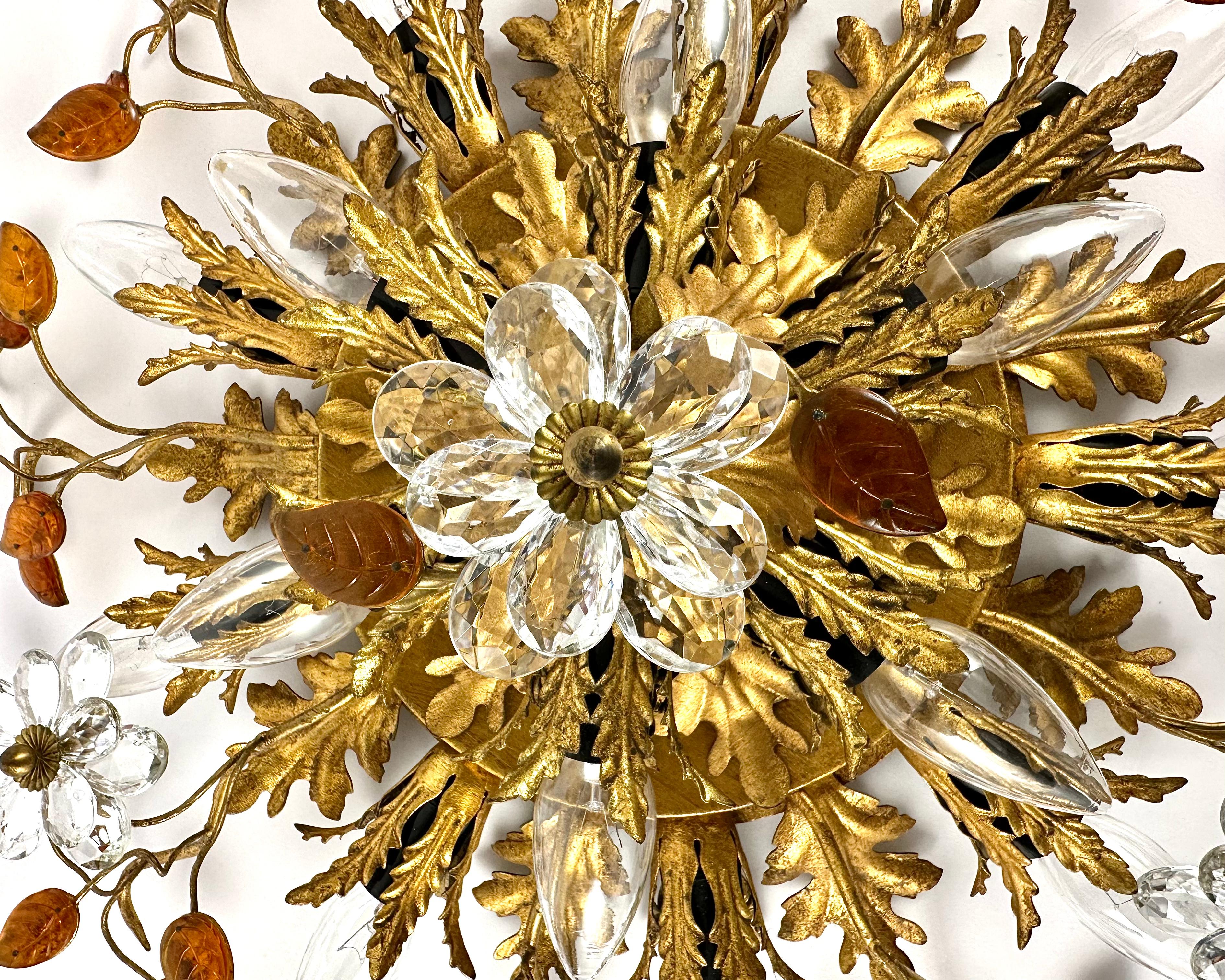 Ceiling Lamp Golden Leaf With Murano Glass Flowers by Banci Firenze, 1960s In Excellent Condition In Bastogne, BE