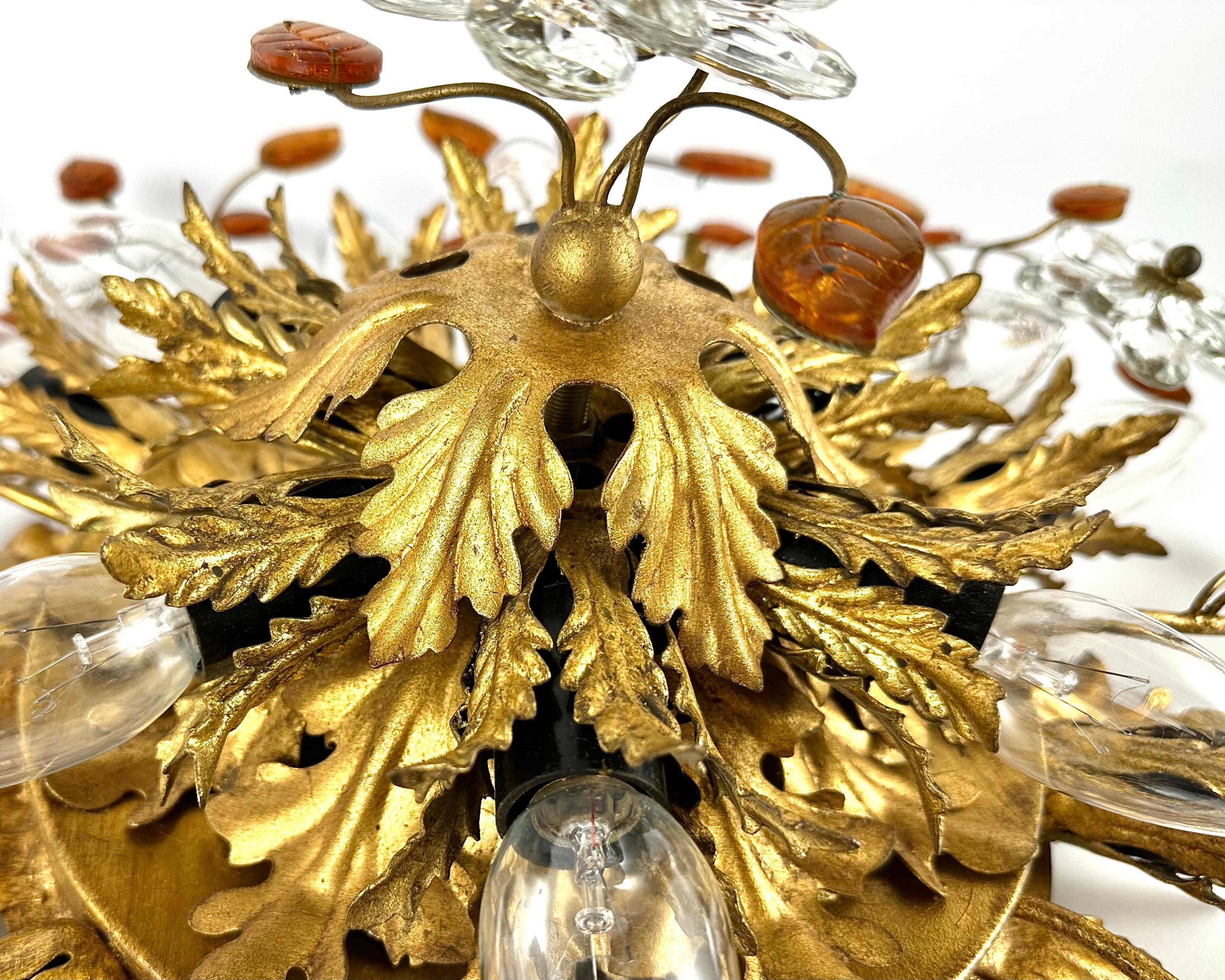 Mid-20th Century Ceiling Lamp Golden Leaf With Murano Glass Flowers by Banci Firenze, 1960s