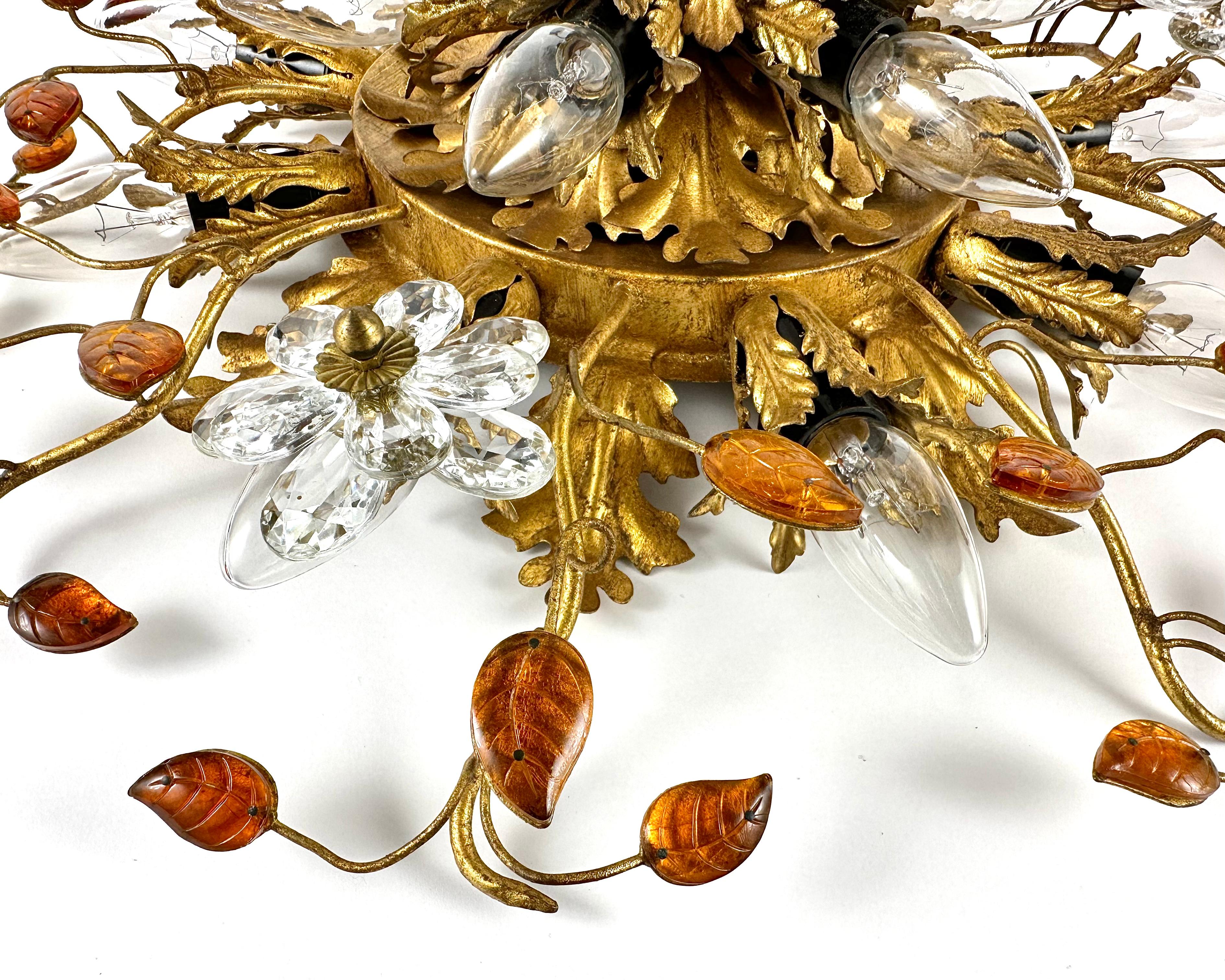 Metal Ceiling Lamp Golden Leaf With Murano Glass Flowers by Banci Firenze, 1960s