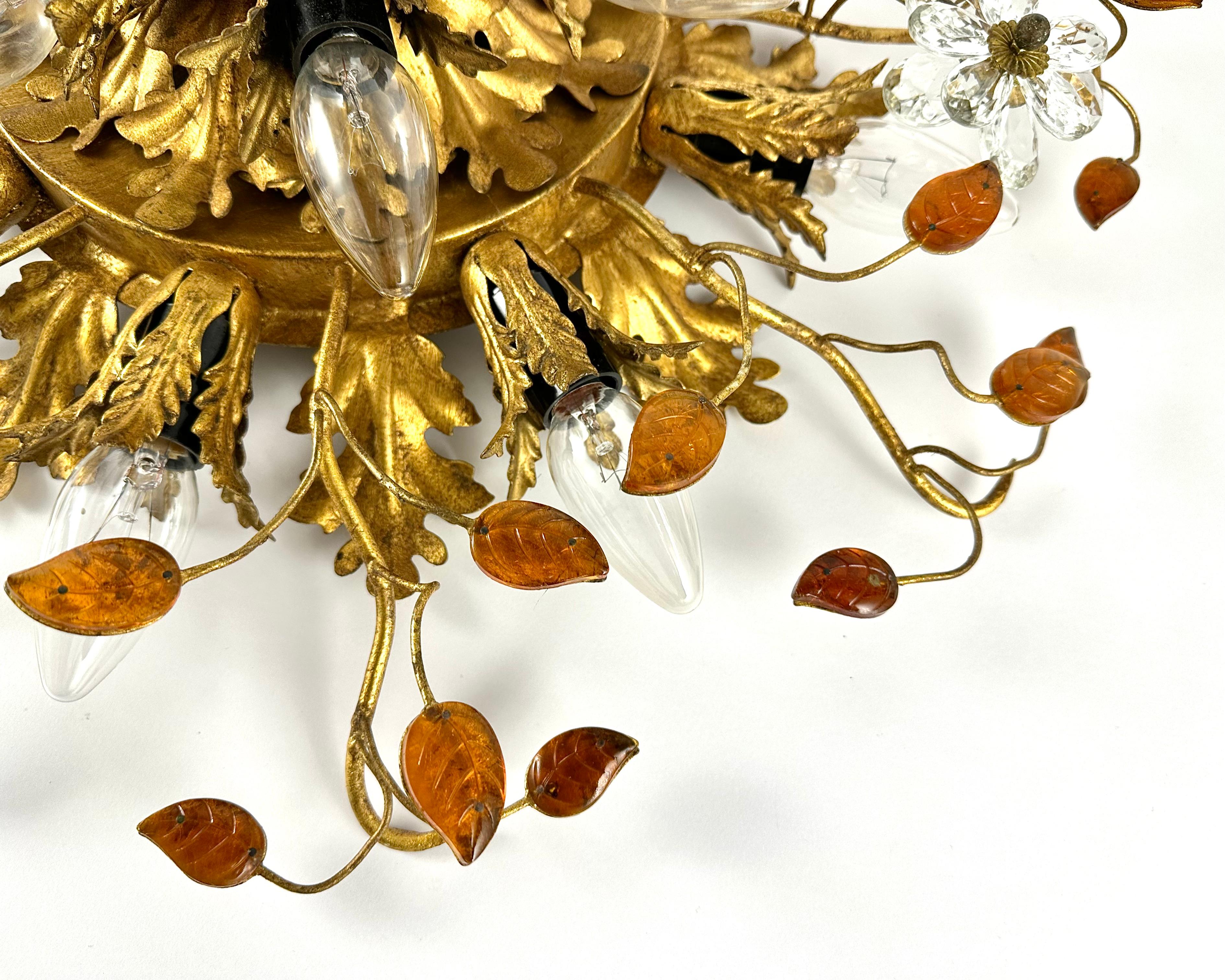 Ceiling Lamp Golden Leaf With Murano Glass Flowers by Banci Firenze, 1960s 1