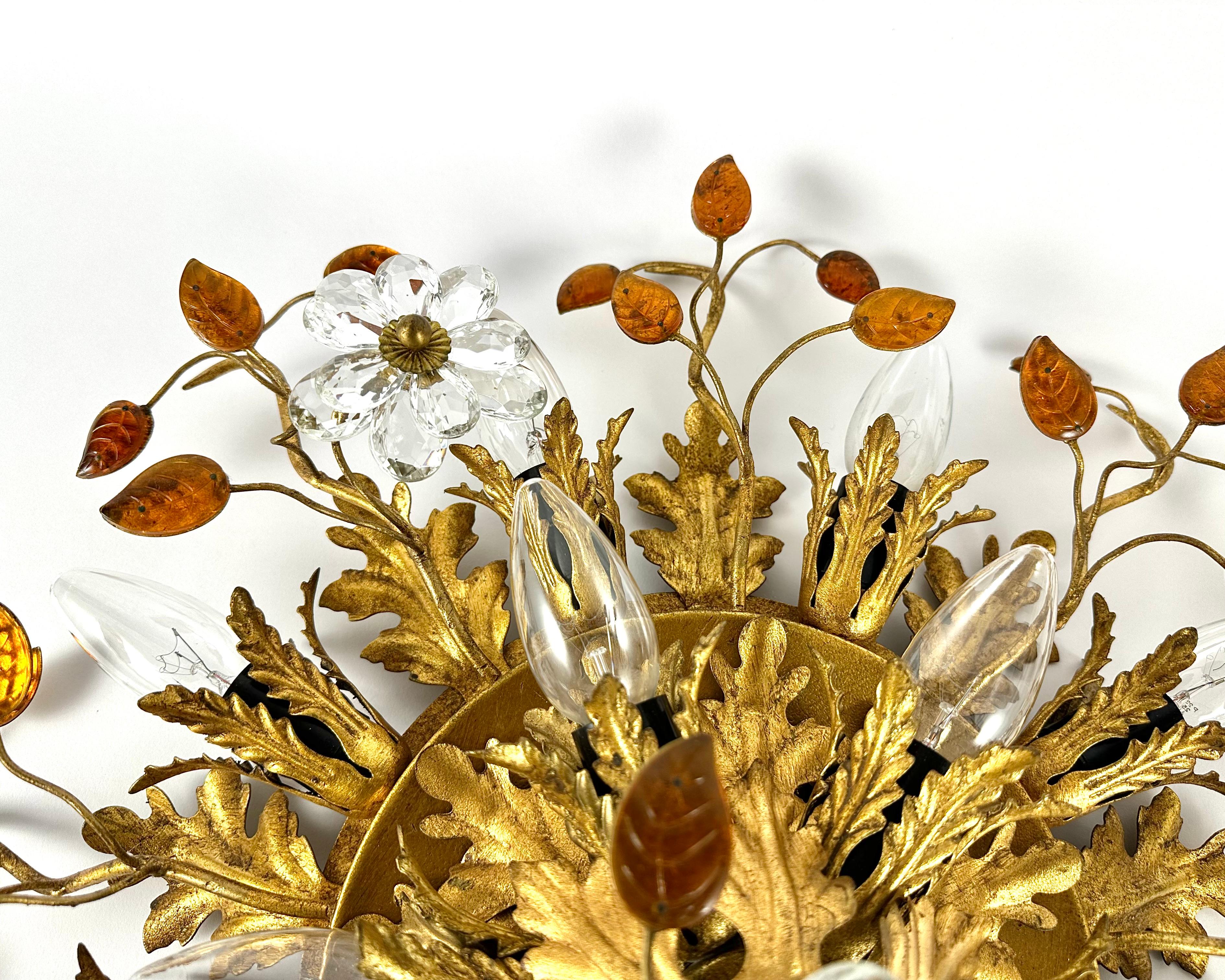 Ceiling Lamp Golden Leaf With Murano Glass Flowers by Banci Firenze, 1960s 2