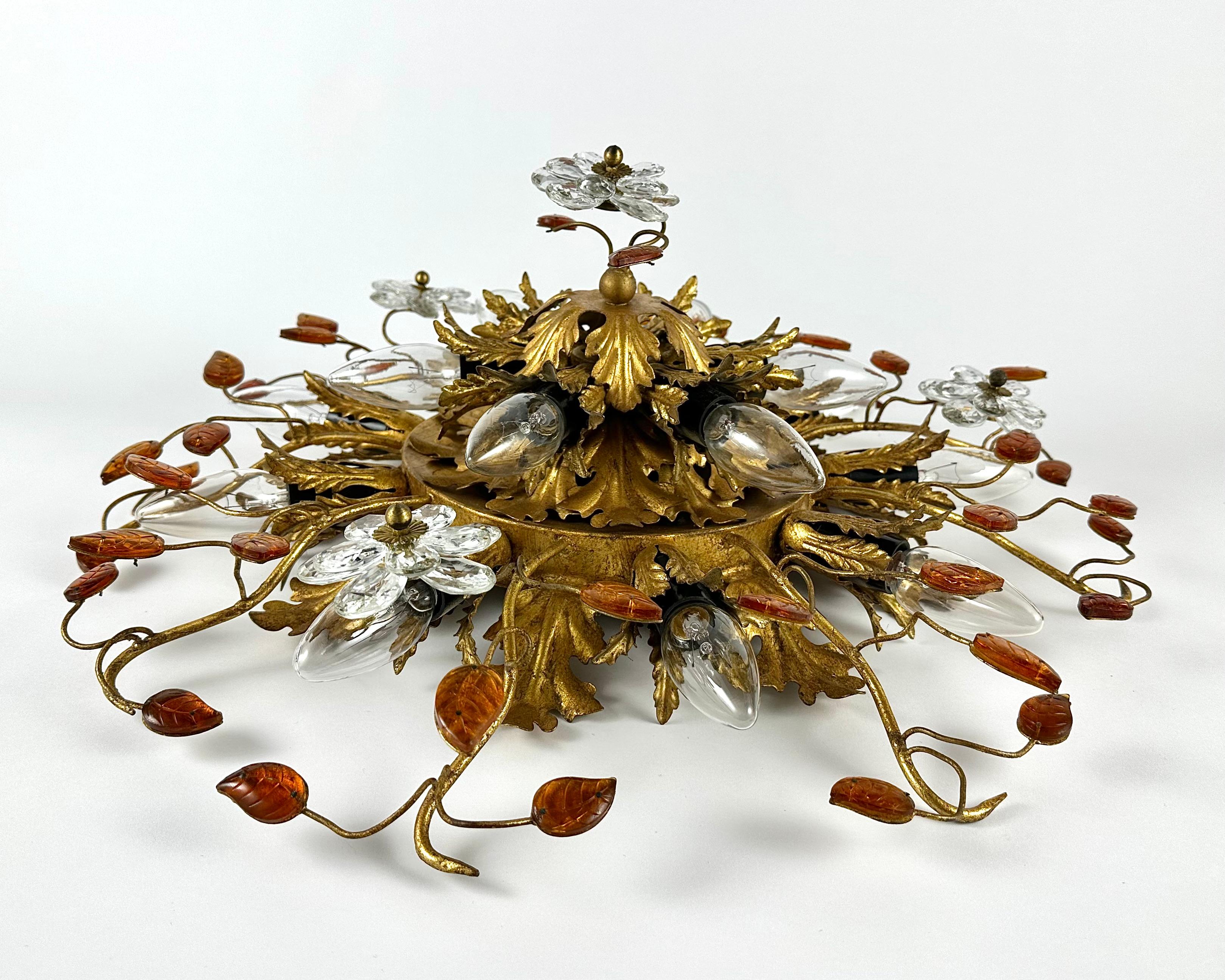 Ceiling Lamp Golden Leaf With Murano Glass Flowers by Banci Firenze, 1960s 3