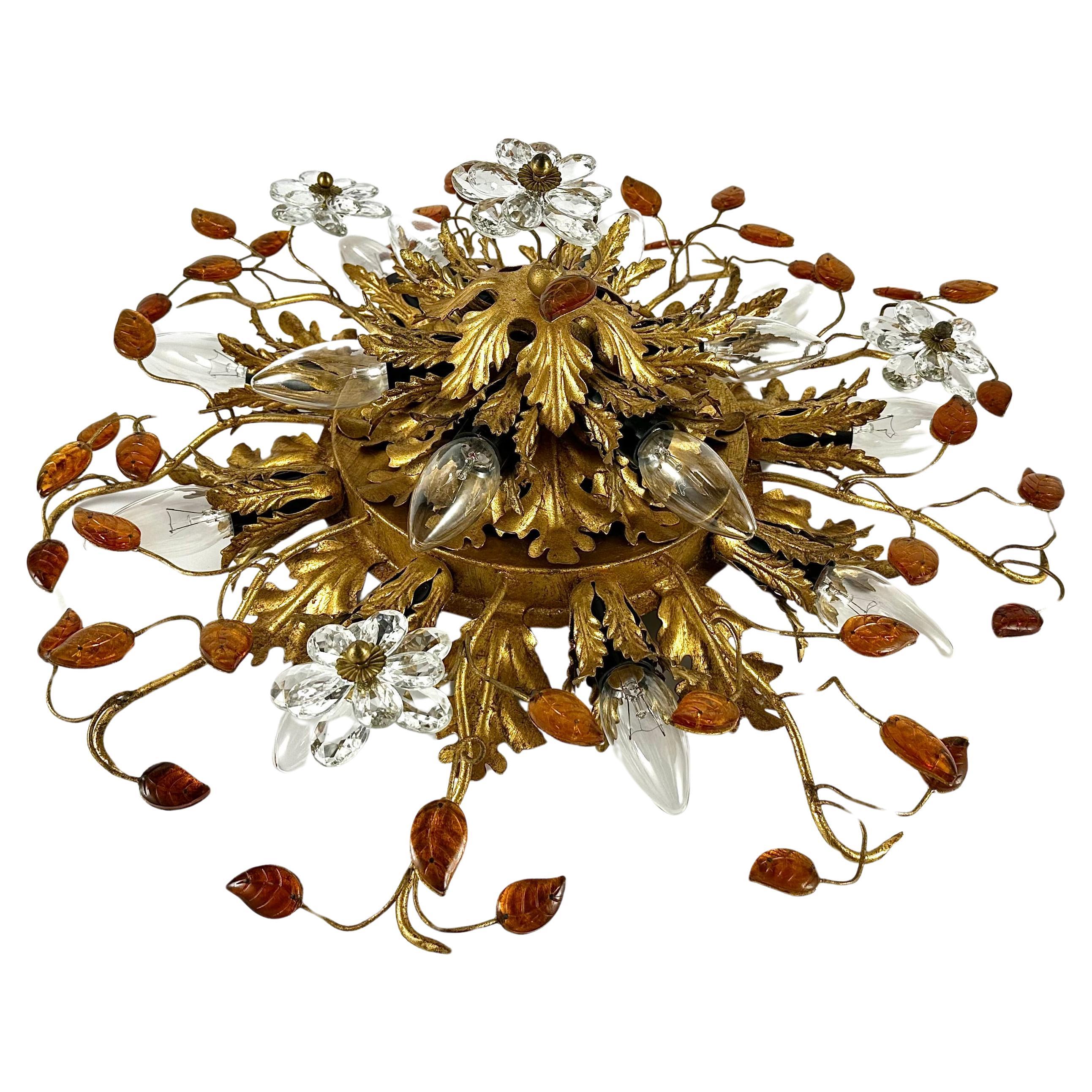 Ceiling Lamp Golden Leaf With Murano Glass Flowers by Banci Firenze, 1960s