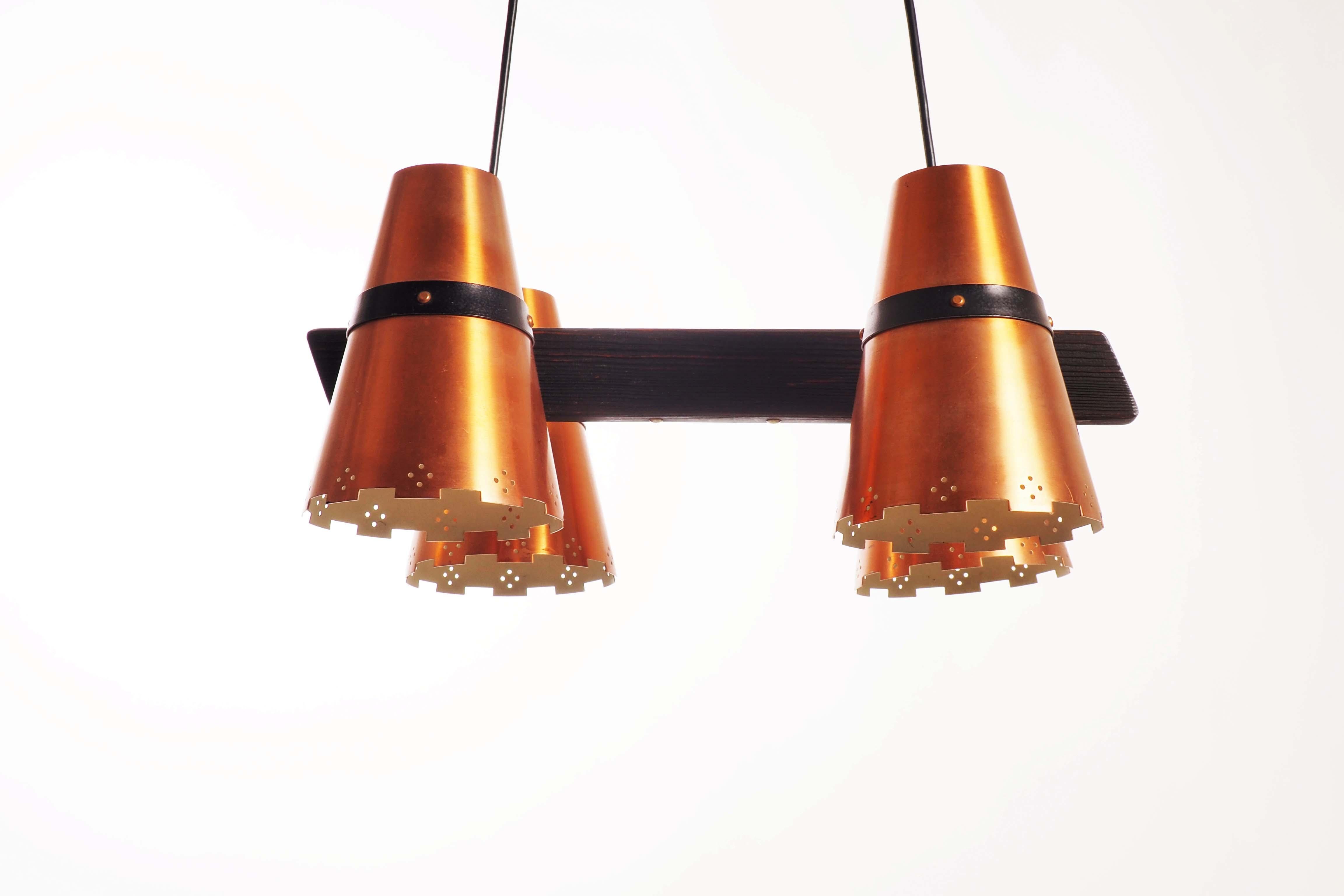 Scandinavian Modern Ceiling Lamp in copper and dark wood, made in Sweden during, 1960s For Sale