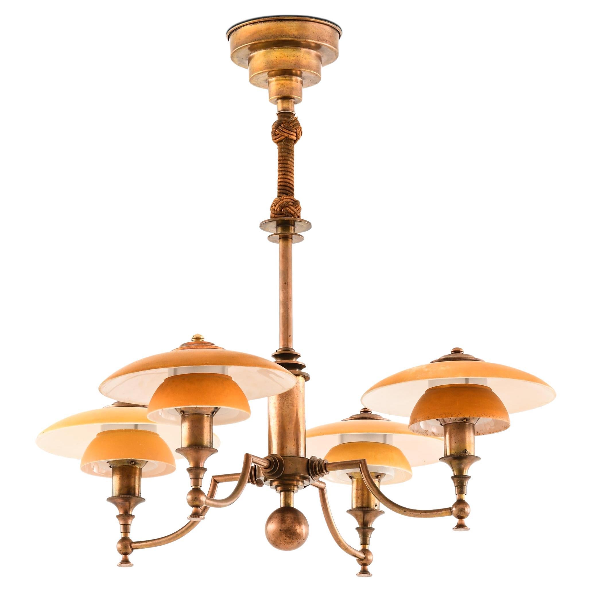Ceiling Lamp in Brass and Glass by Lyfa, 1930s For Sale
