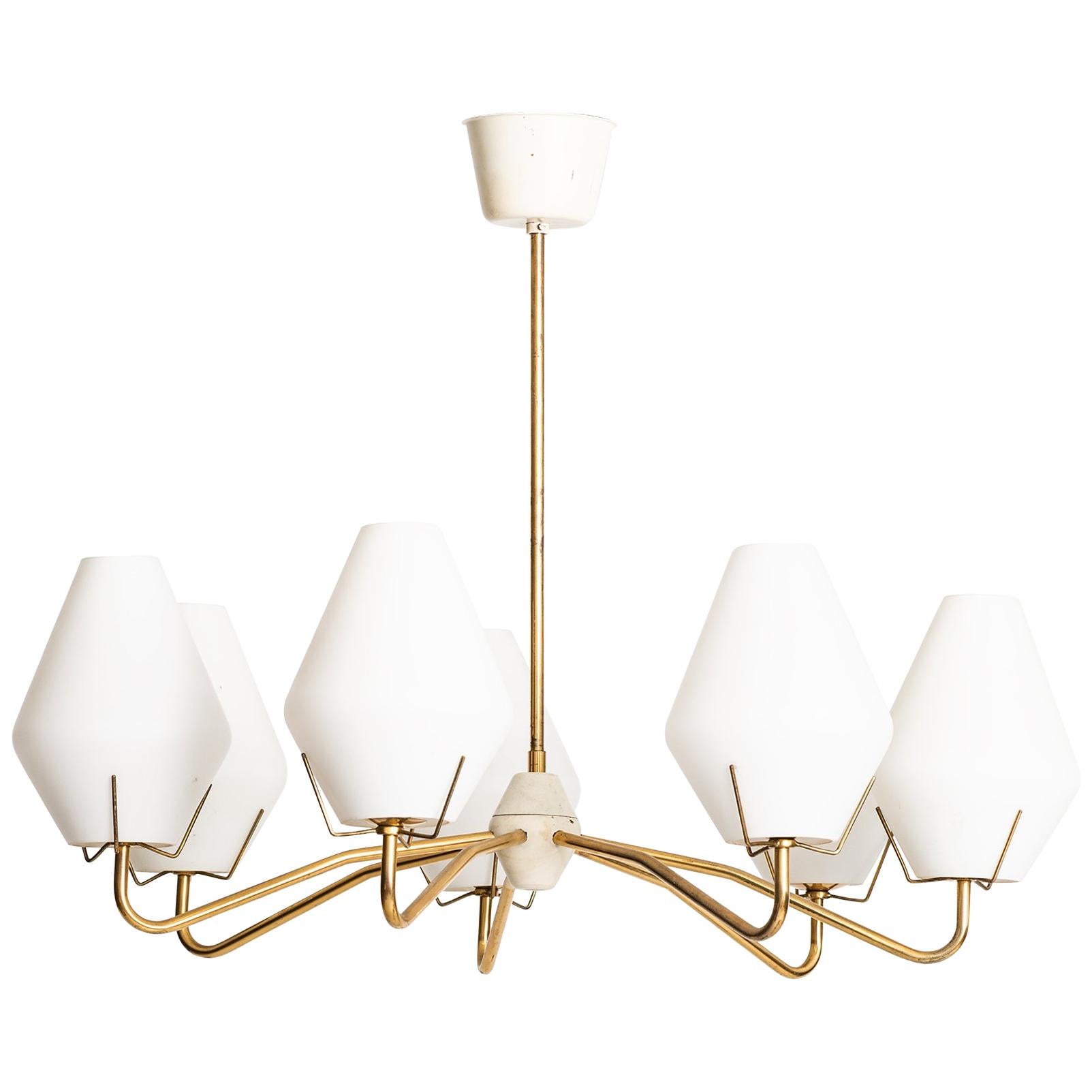 Ceiling Lamp in Brass and Opaline Glass Produced by ASEA in Sweden