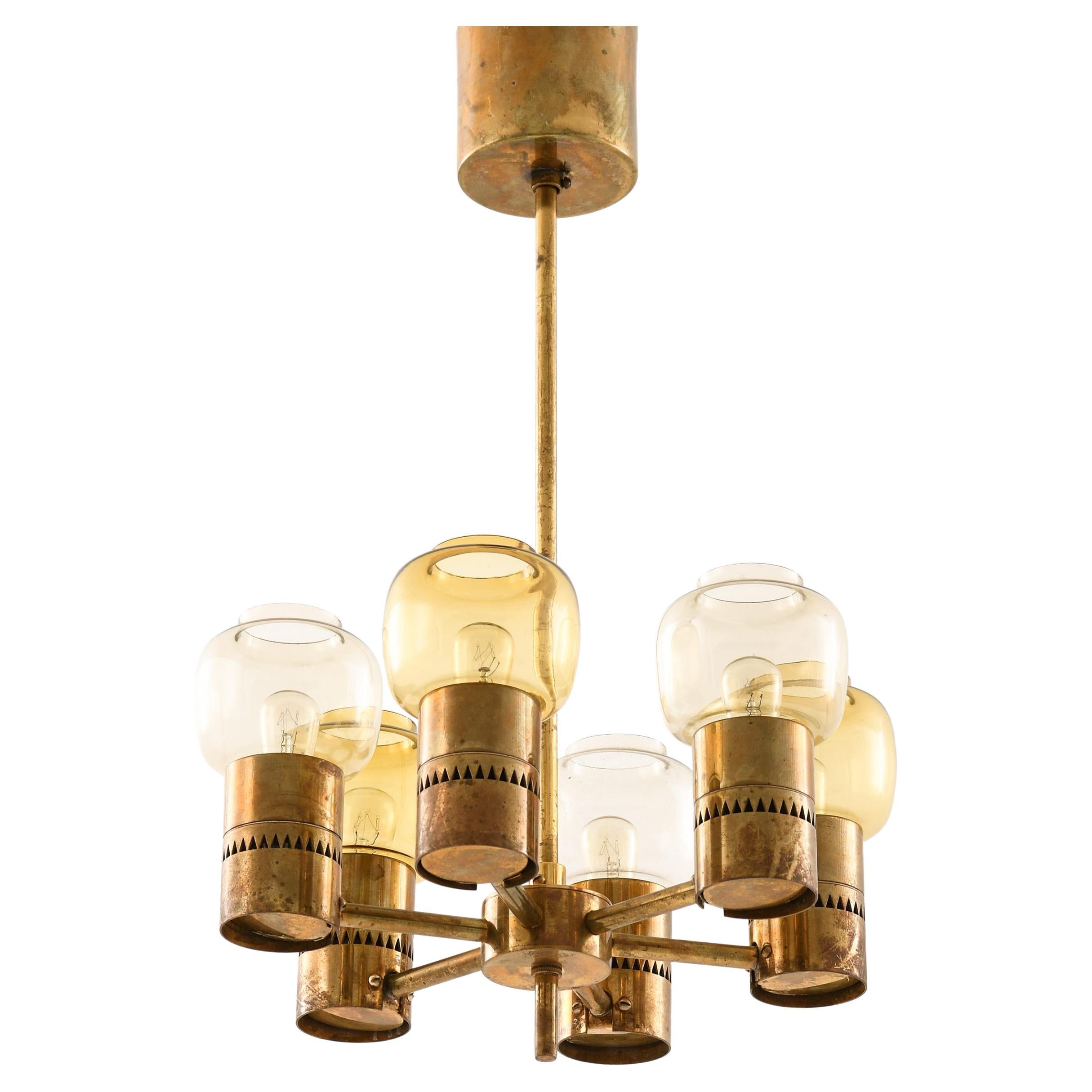 Lampada da soffitto in ottone e vetro originale di Hans-Agne Jakobsson, anni '50