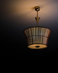 Ceiling Lamp in Brass and Rattan, Sweden, Mid-20th Century