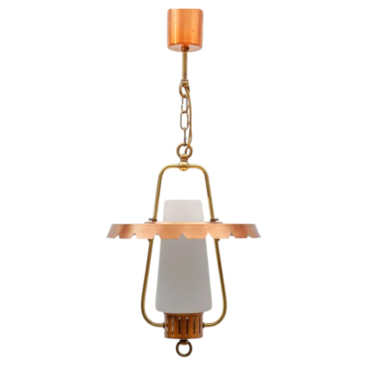 Ceiling Lamp in Copper, Brass and Opaline Glass, 1950s Mid-Century Modern