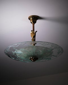 Deckenleuchte aus geätztem Glas und Messing, Schweden, 1930er Jahre