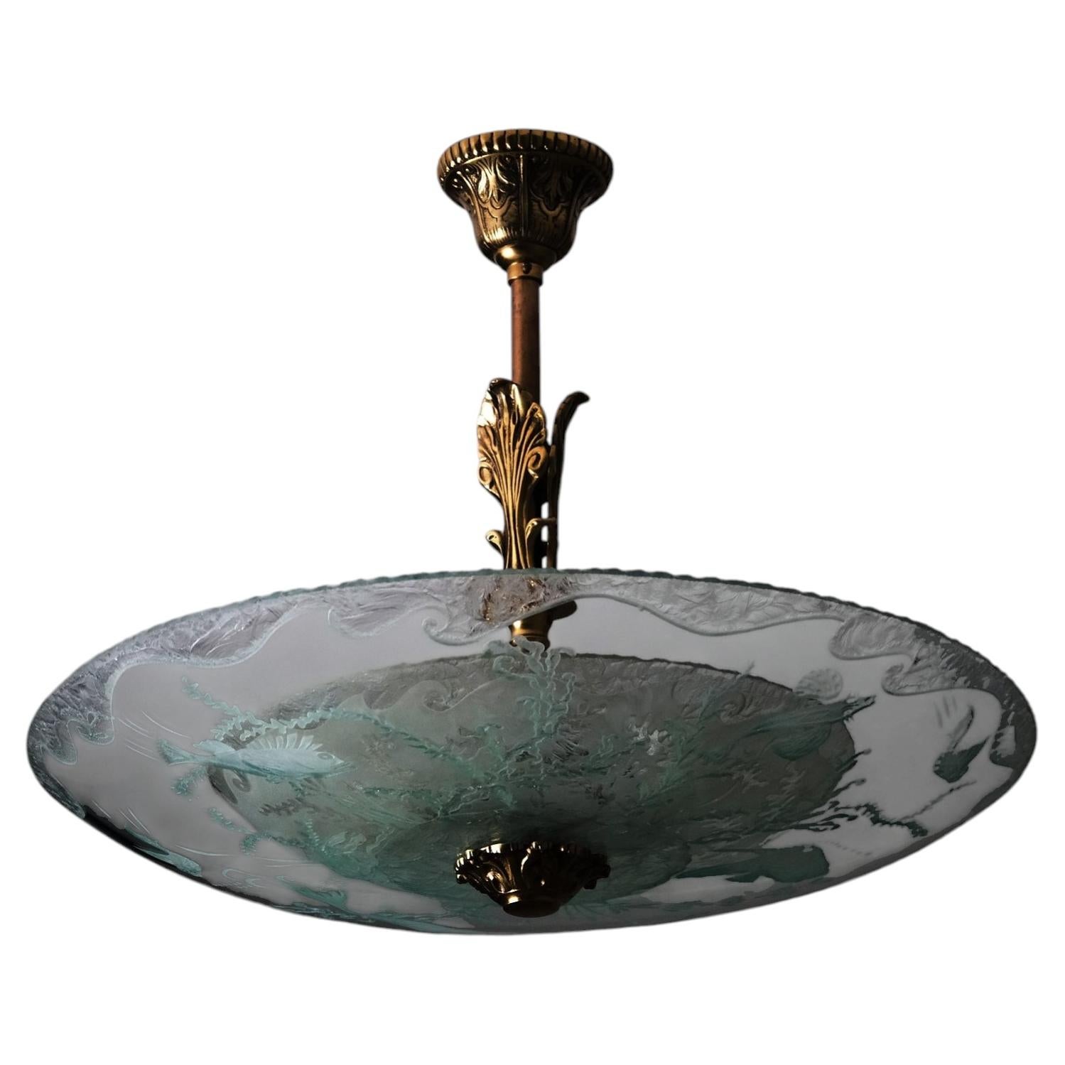 Ceiling Lamp in Etched Glass and Brass, Sweden, 1930s