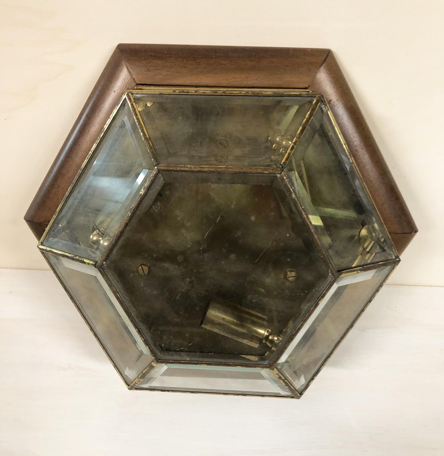 Ceiling Lamp in Ground Glass and Original Italian Brass, Wood Perimeter For Sale 11