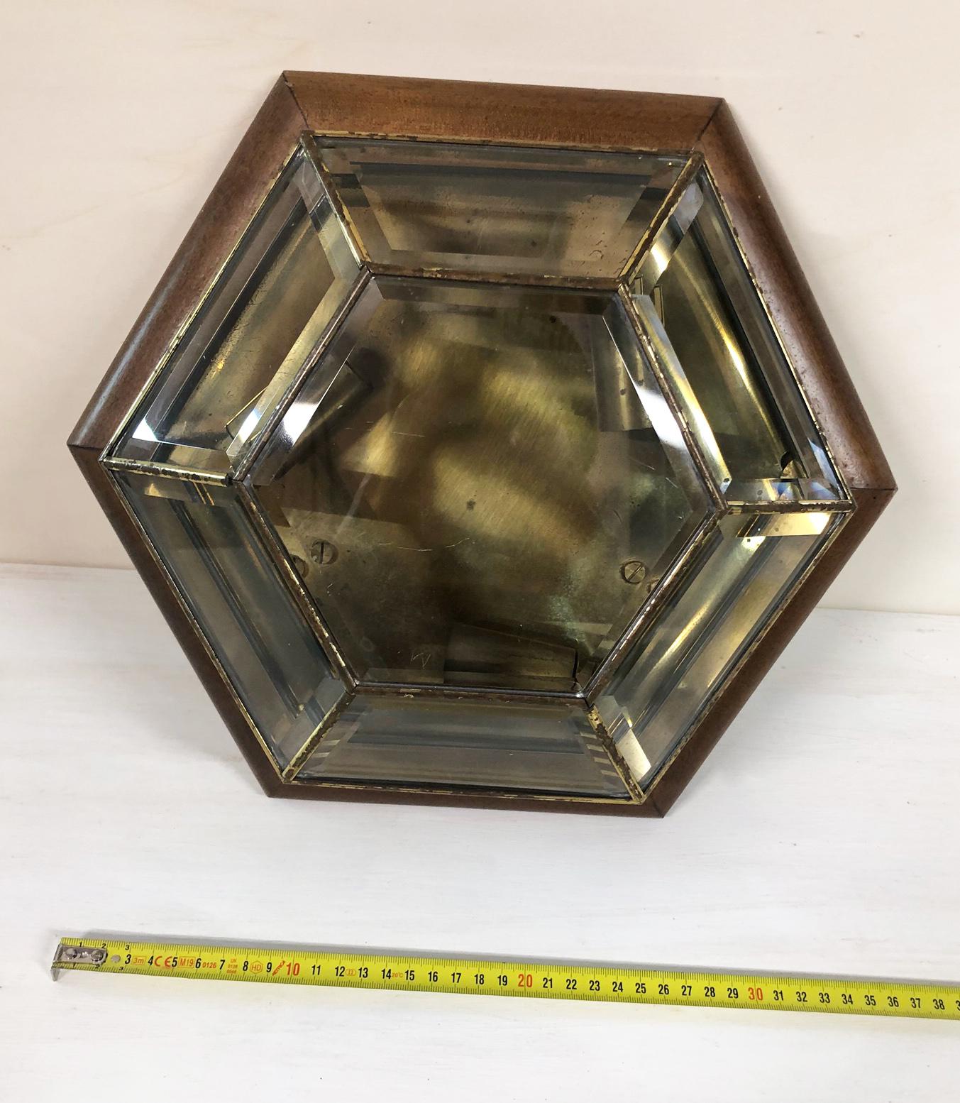 Hexagonal shaped ceiling lamp, in ground glass and brass, original Italian. 
The perimeter edge is made of wood.
 It has three internal lights with E14 type attachment.
The power supply is 220 V, if your country has a different voltage, ask your