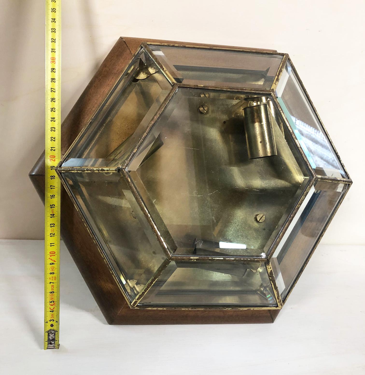 Mid-Century Modern Ceiling Lamp in Ground Glass and Original Italian Brass, Wood Perimeter For Sale