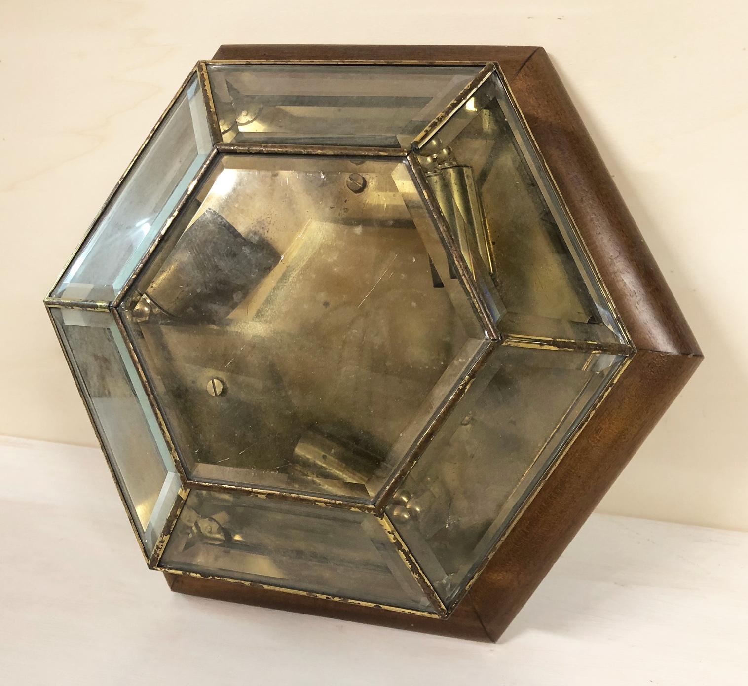 Ceiling Lamp in Ground Glass and Original Italian Brass, Wood Perimeter In Good Condition For Sale In Buggiano, IT