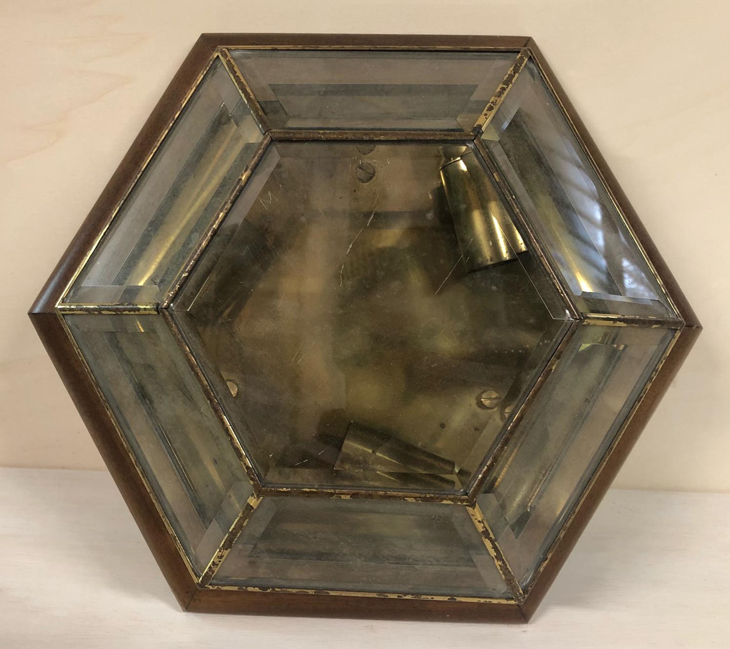 Mid-20th Century Ceiling Lamp in Ground Glass and Original Italian Brass, Wood Perimeter For Sale
