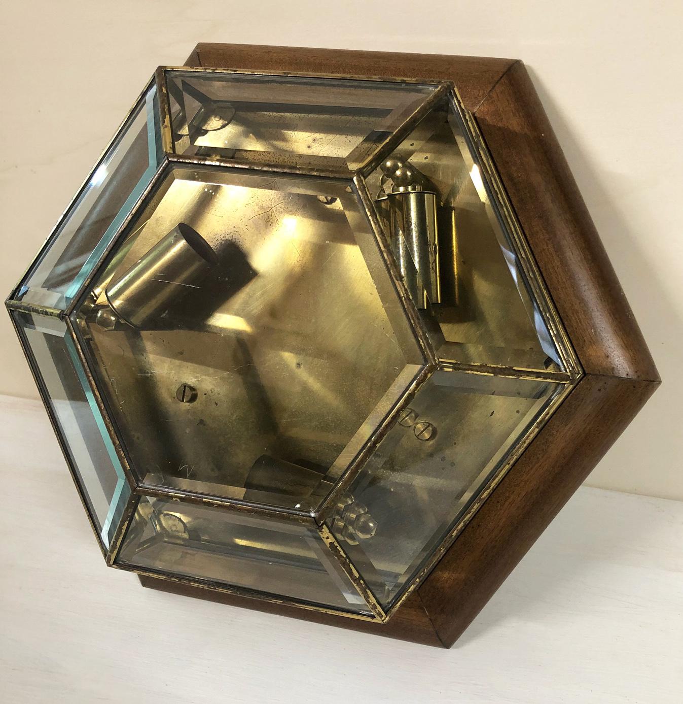 Ceiling Lamp in Ground Glass and Original Italian Brass, Wood Perimeter For Sale 4