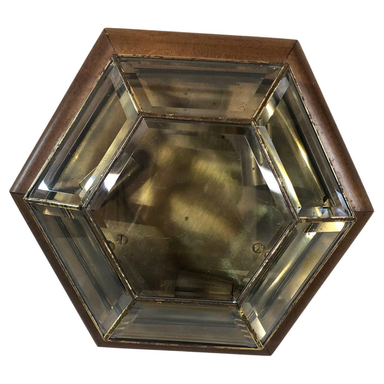 Ceiling Lamp in Ground Glass and Original Italian Brass, Wood Perimeter For Sale