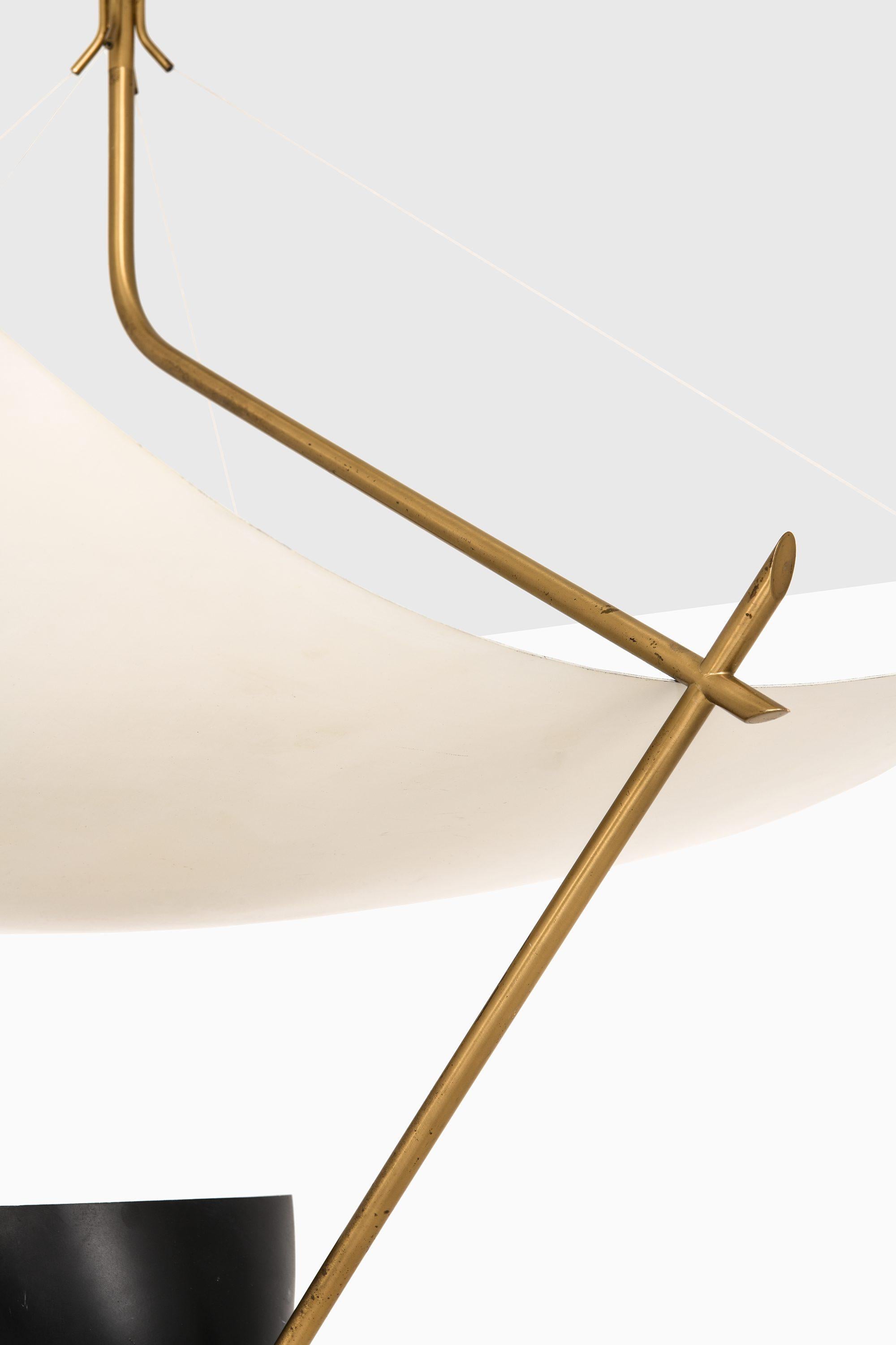 Ceiling Lamp in Lacquered Metal, Nylon Threads and Brass by Angelo Lelii, 1950's For Sale 1