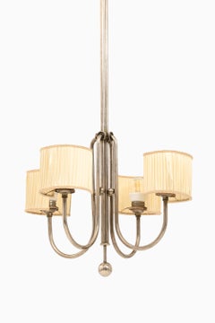 Plafonnier en métal nickelé et abat-jour original de Paavo Tynell, années 1930