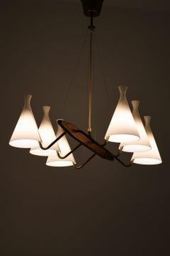Ceiling Lamp in Teak, Brass & Opaline Glass by Svend Aage Holm Sørensen, 1950's