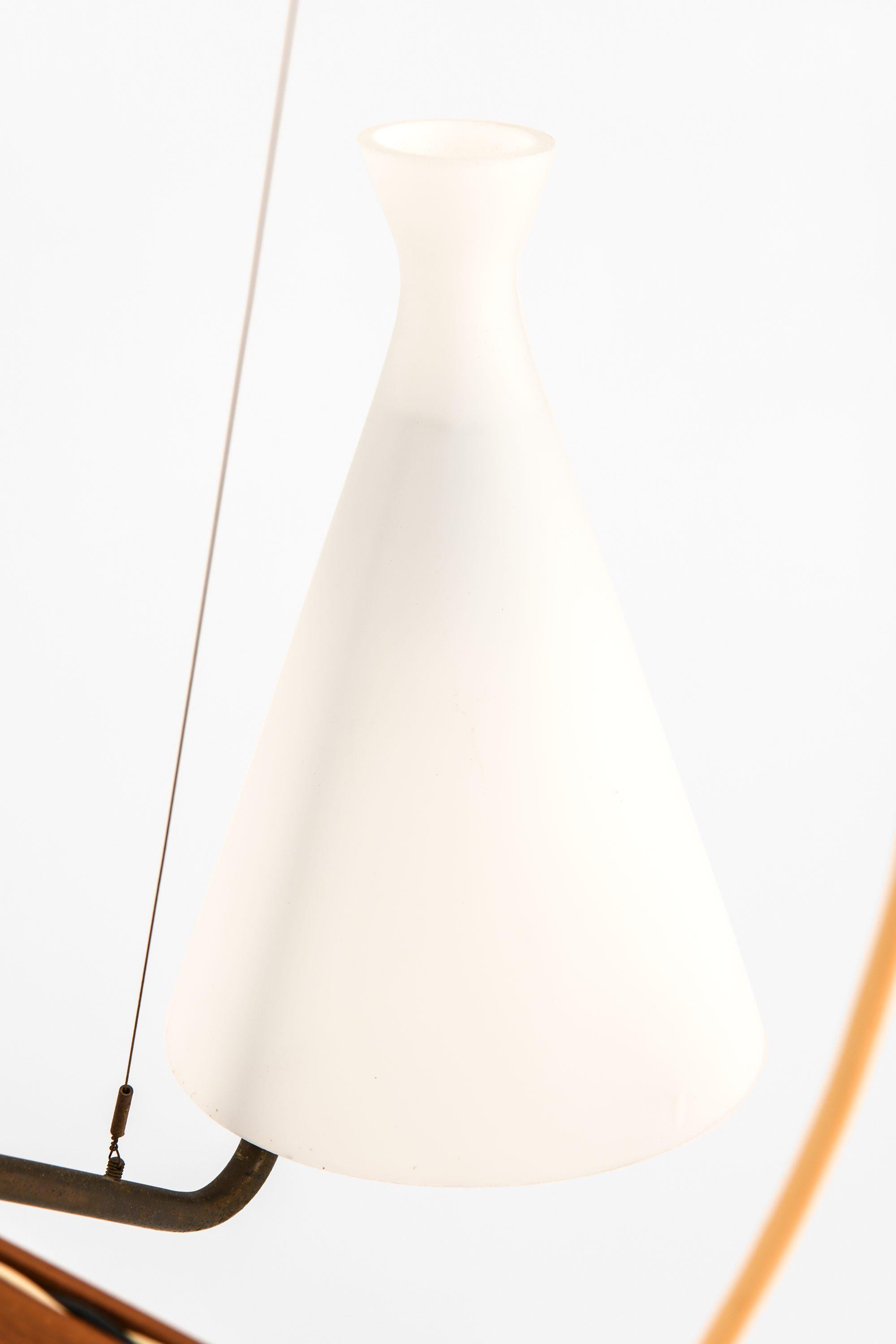 Mid-Century Modern Ceiling Lamp in Teak, Brass & Opaline Glass by Svend Aage Holm Sørensen, 1950's For Sale