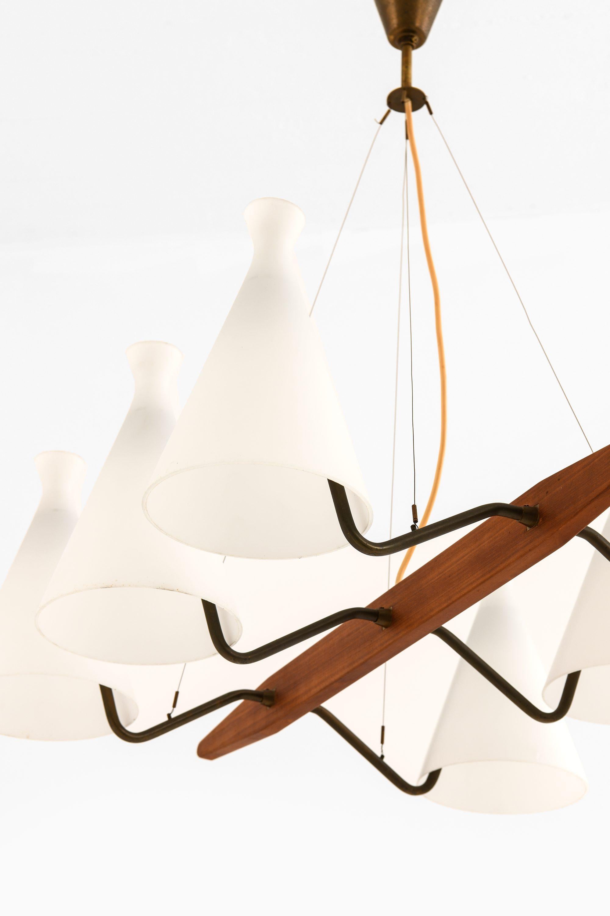 Swedish Ceiling Lamp in Teak, Brass & Opaline Glass by Svend Aage Holm Sørensen, 1950's For Sale