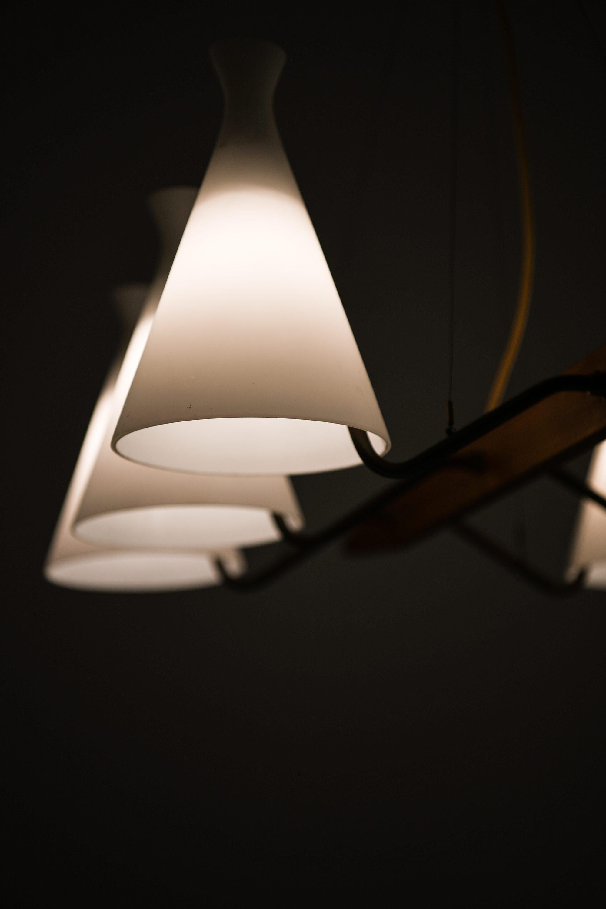 20th Century Ceiling Lamp in Teak, Brass & Opaline Glass by Svend Aage Holm Sørensen, 1950's For Sale