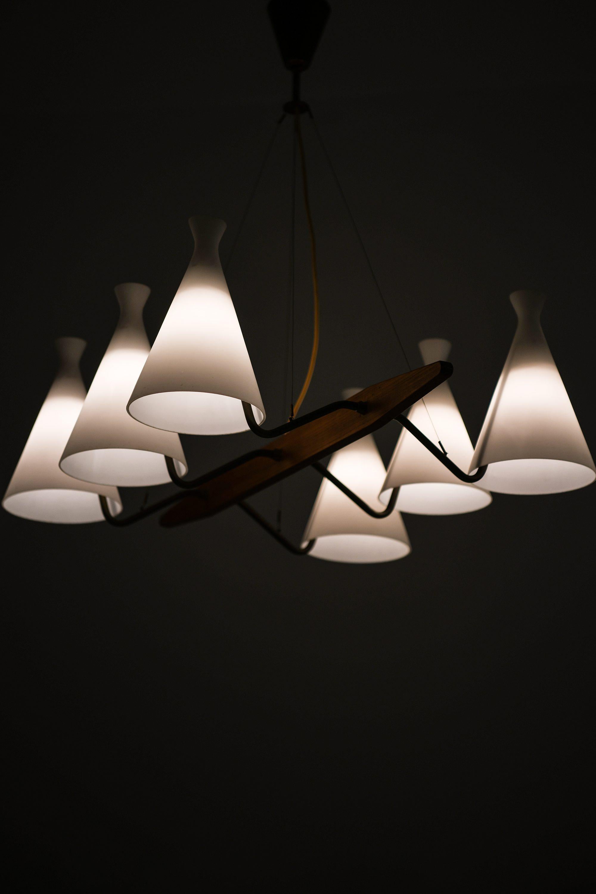Ceiling Lamp in Teak, Brass & Opaline Glass by Svend Aage Holm Sørensen, 1950's For Sale 1
