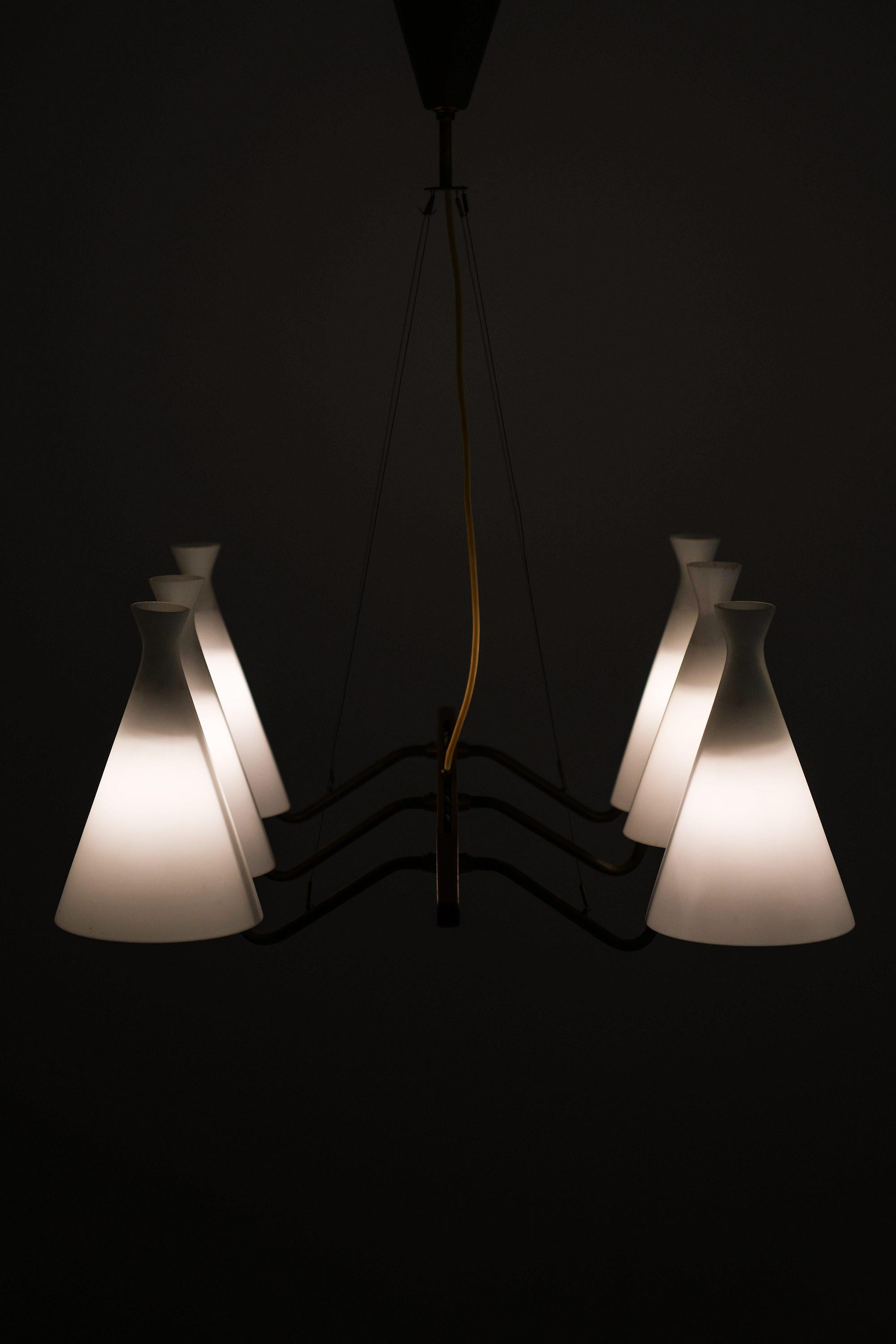 Ceiling Lamp in Teak, Brass & Opaline Glass by Svend Aage Holm Sørensen, 1950's For Sale 2