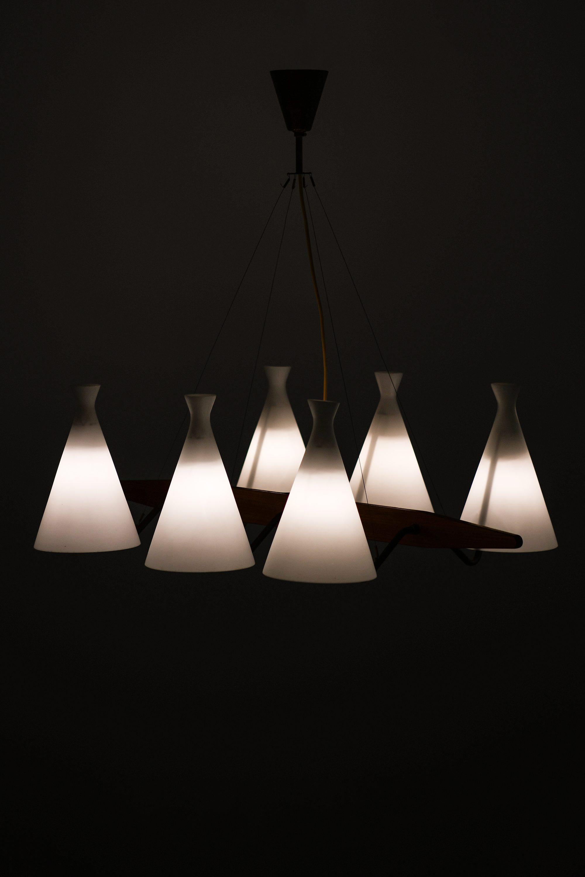Ceiling Lamp in Teak, Brass & Opaline Glass by Svend Aage Holm Sørensen, 1950's For Sale 3