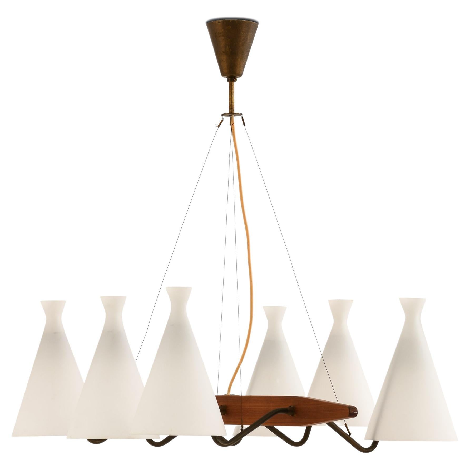 Ceiling Lamp in Teak, Brass & Opaline Glass by Svend Aage Holm Sørensen, 1950's For Sale