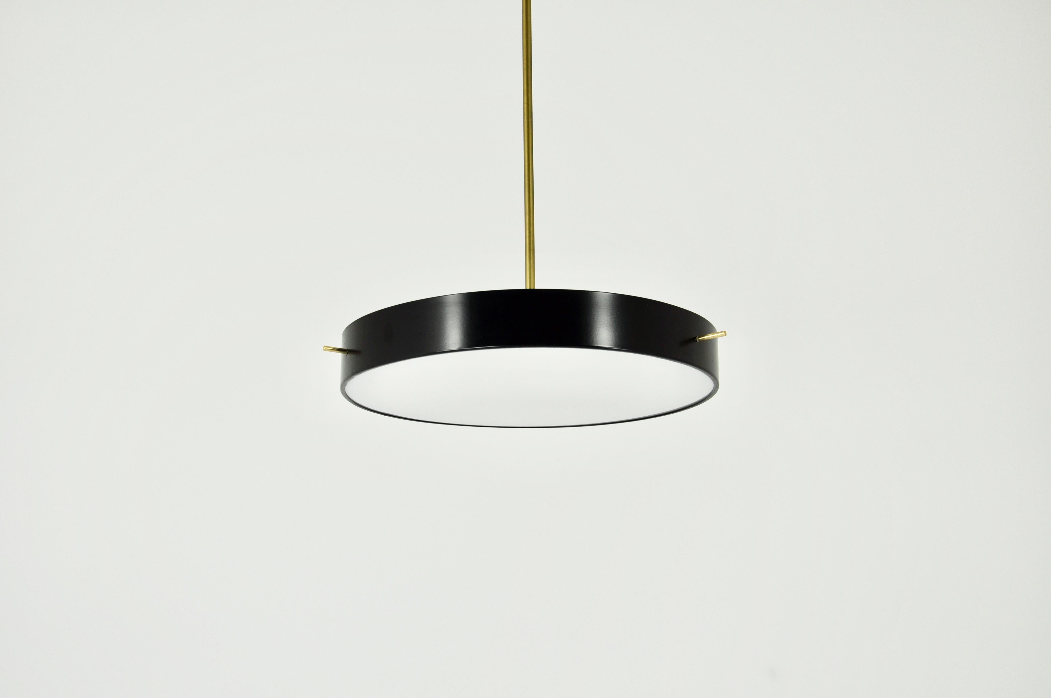 Ceiling lamp in black aluminium and glass. Wear due to age and time,