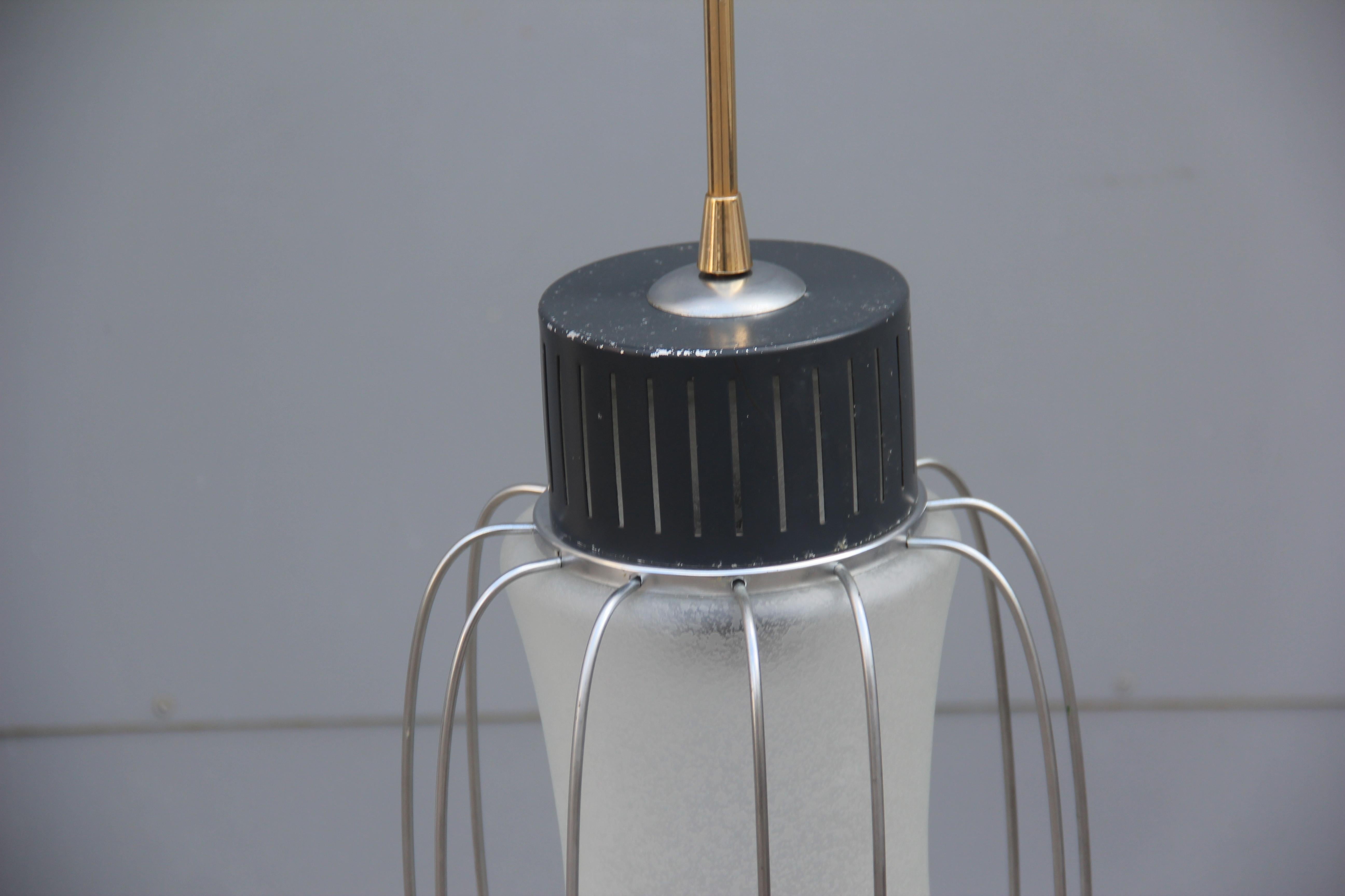 Ceiling Lamp Lantern Minimal Design Round Black Steel Italian Design, 1960 Glass In Good Condition For Sale In Palermo, Sicily