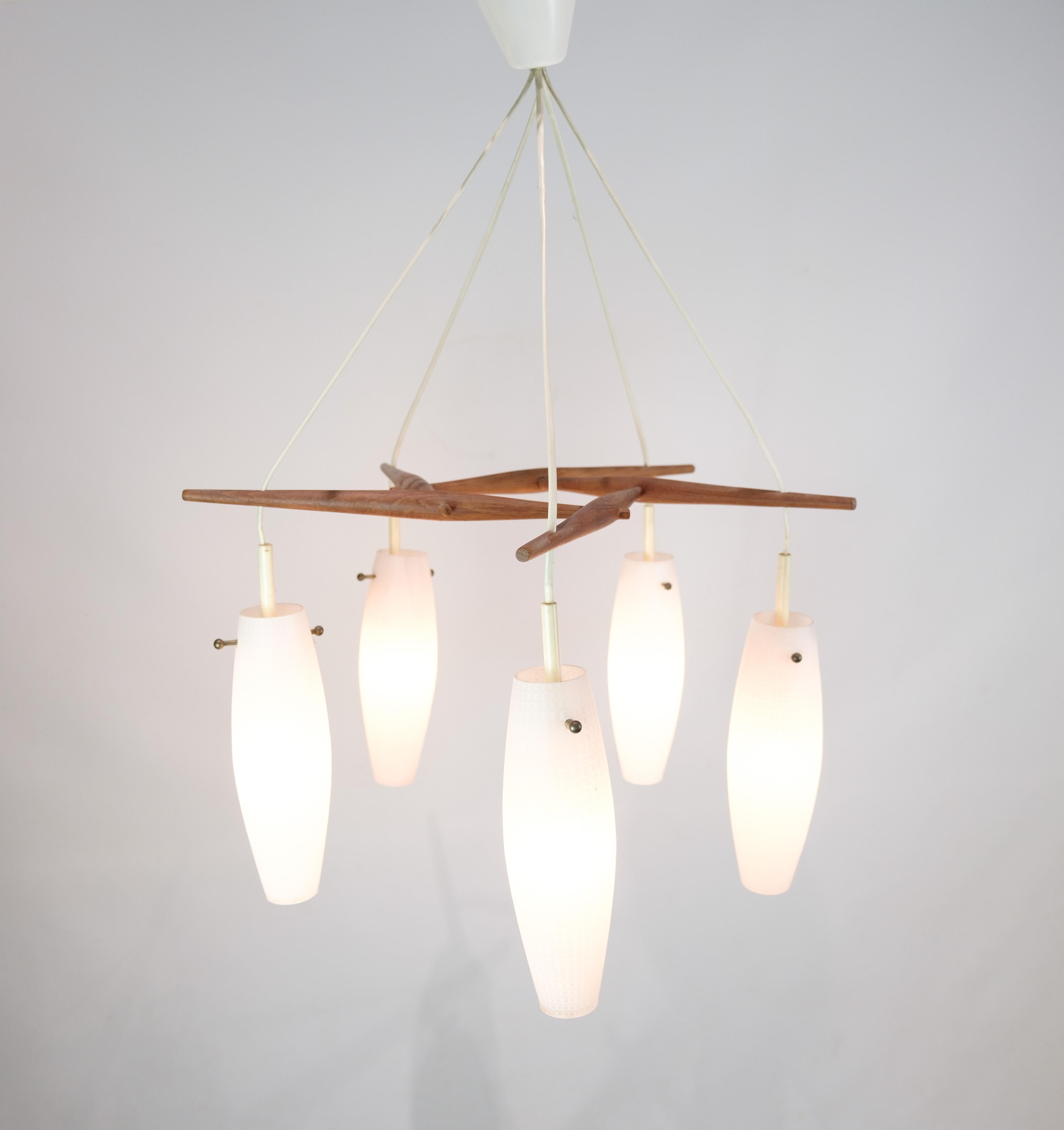 Opaline Glass Ceiling Lamp Made In Teak & Opal Glass From 1960s For Sale