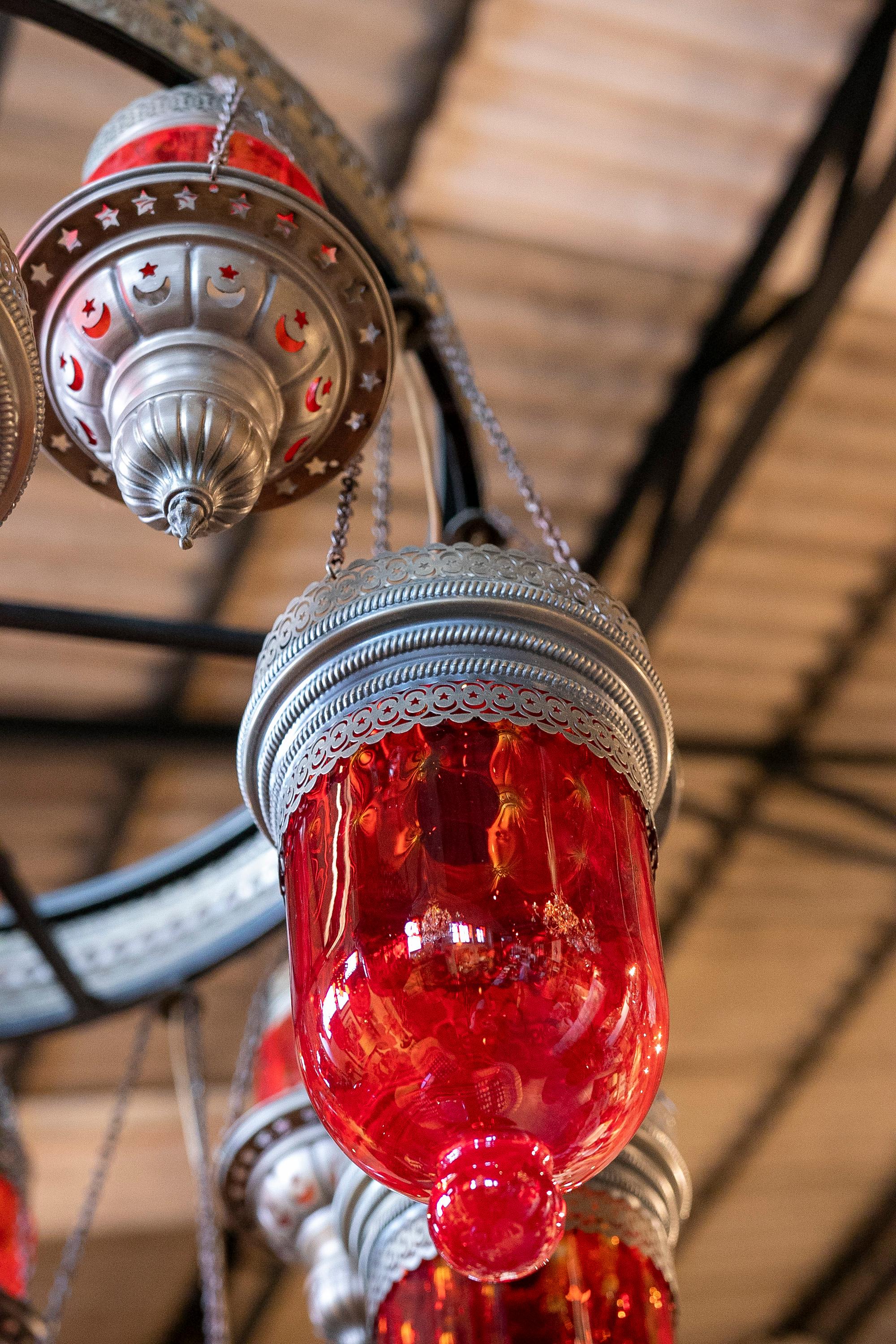 Ceiling Lamp Made of Metal, Iron and Decorative Glass in Red Colour For Sale 7
