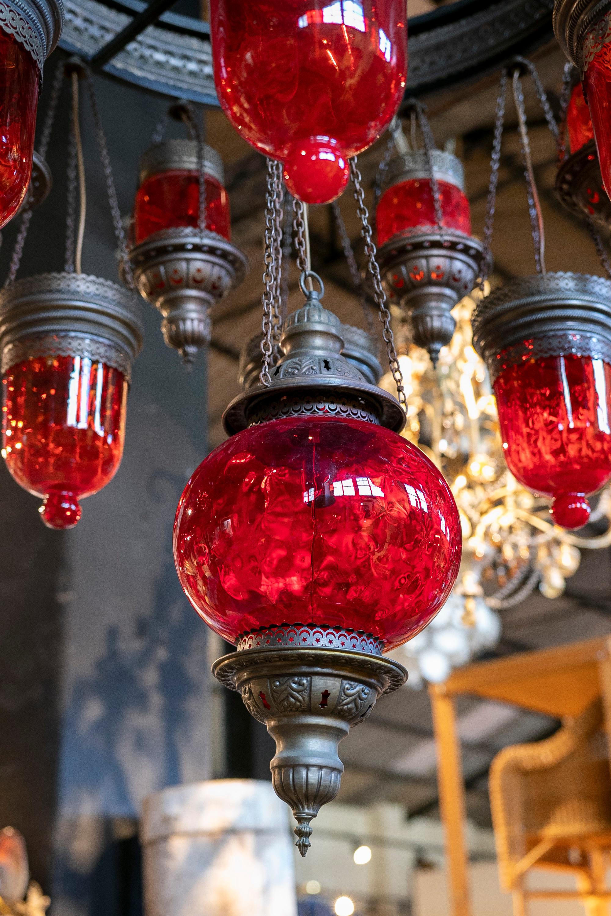 Ceiling Lamp Made of Metal, Iron and Decorative Glass in Red Colour For Sale 9
