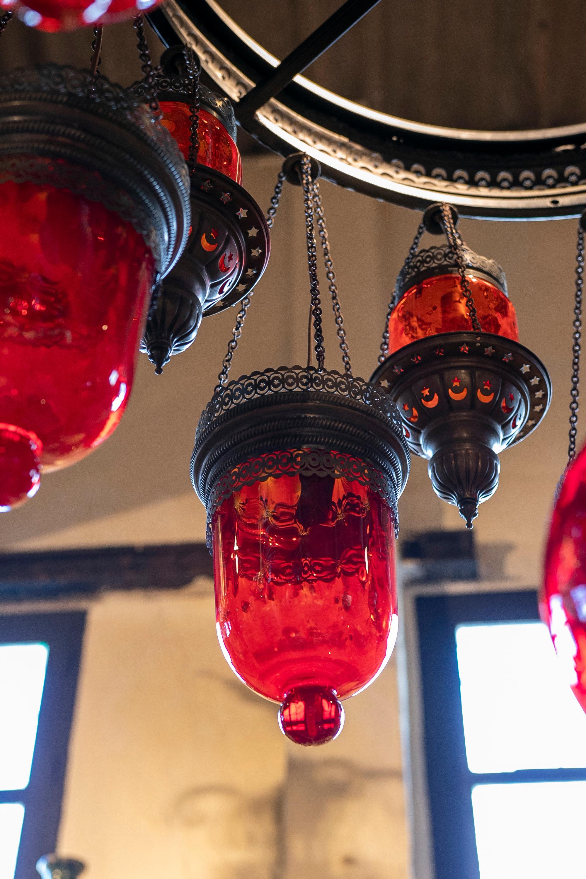 Ceiling Lamp Made of Metal, Iron and Decorative Glass in Red Colour For Sale 11