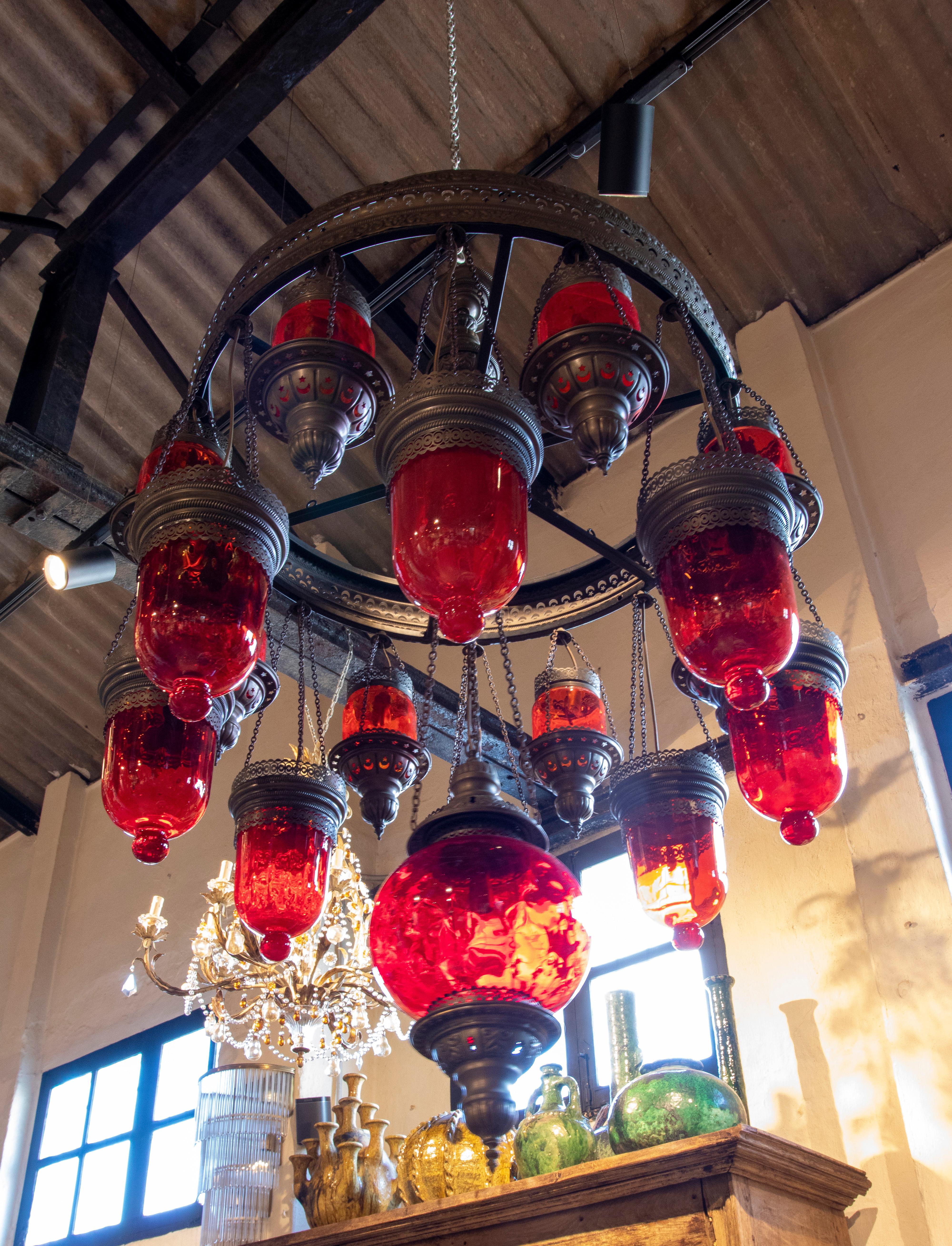 Spanish Ceiling Lamp Made of Metal, Iron and Decorative Glass in Red Colour For Sale