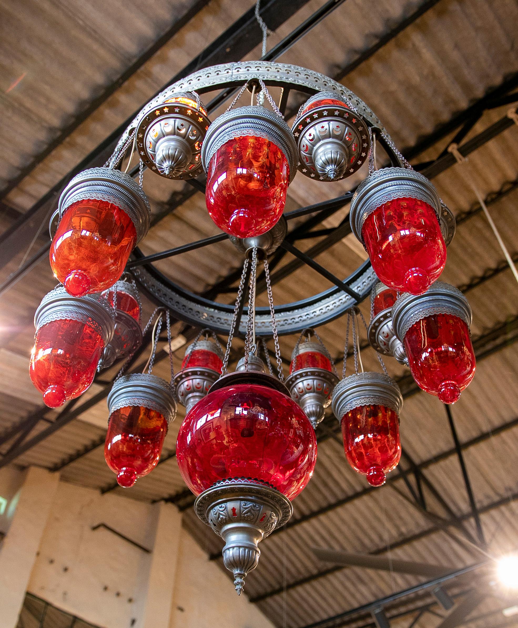 Ceiling Lamp Made of Metal, Iron and Decorative Glass in Red Colour In Good Condition For Sale In Marbella, ES